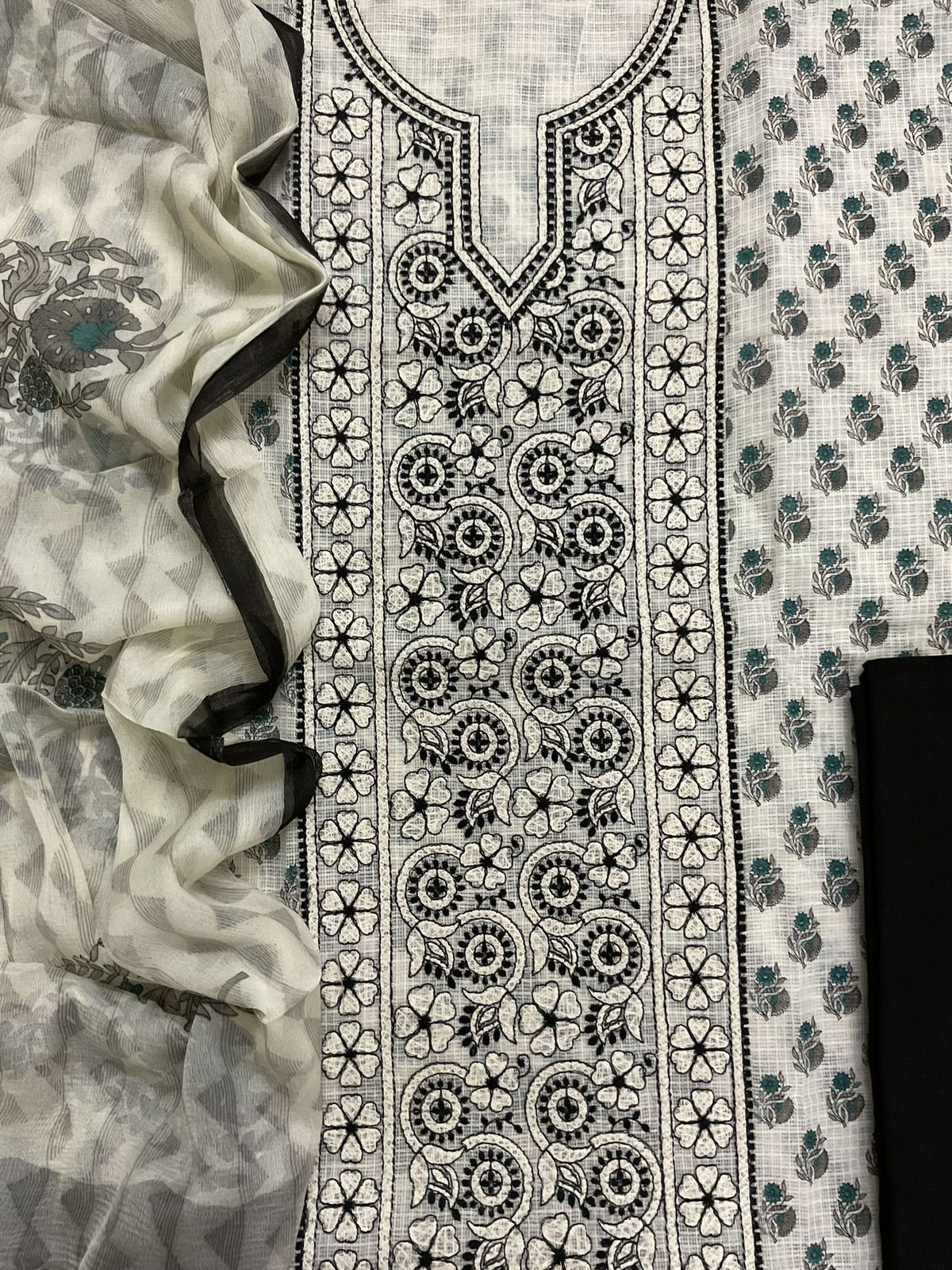 Pure Kota Cotton Printed Embroidered Suit - Off White