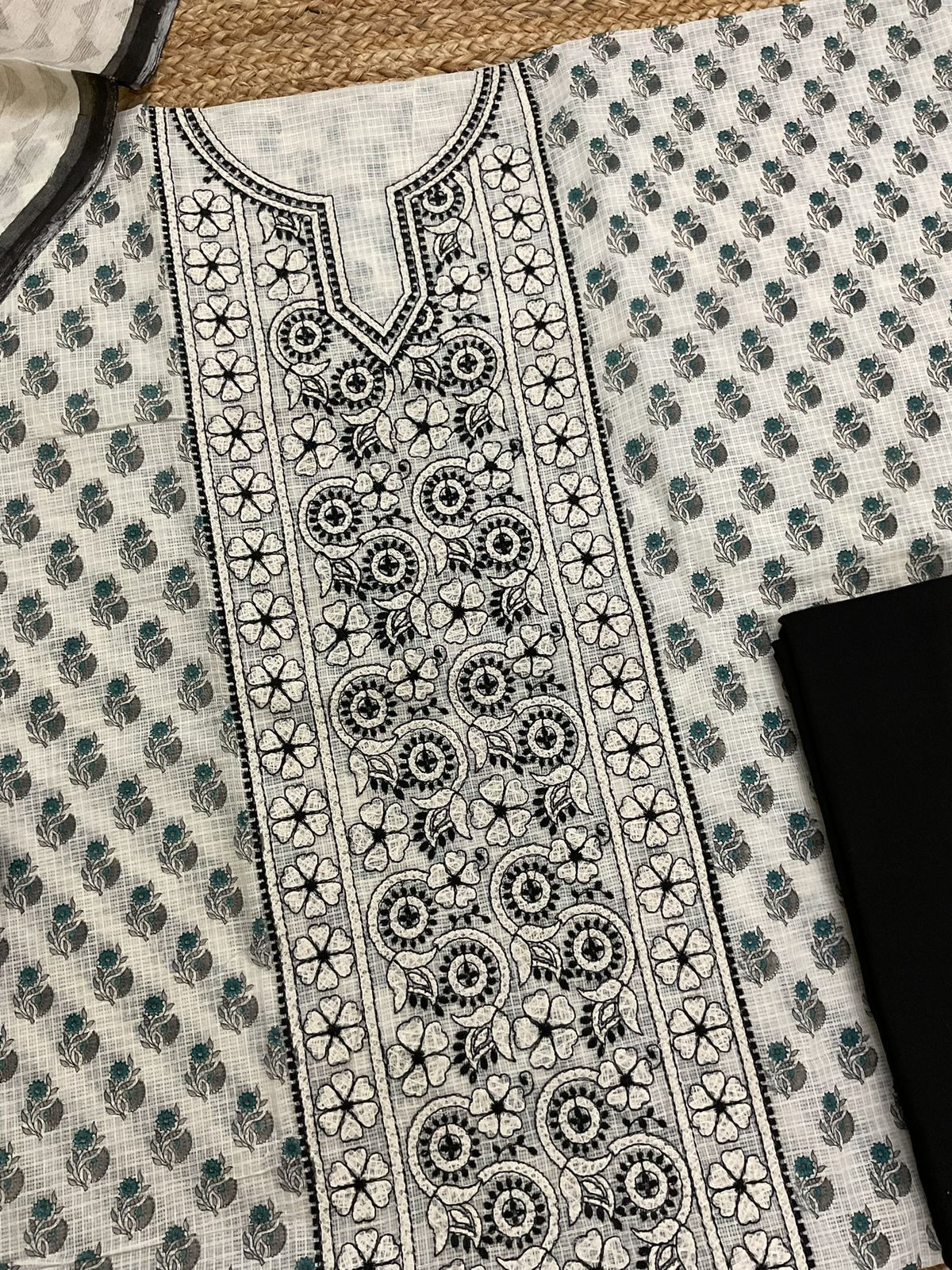 Pure Kota Cotton Printed Embroidered Suit - Off White