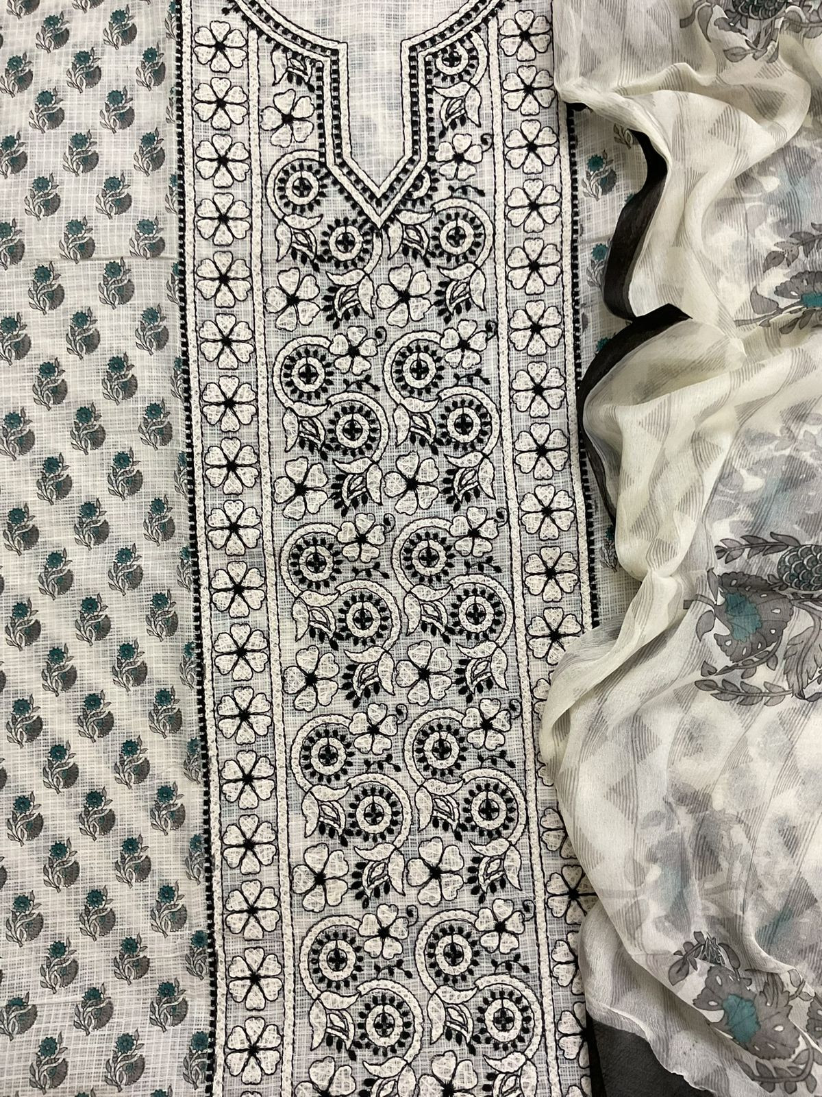 Pure Kota Cotton Printed Embroidered Suit - Off White