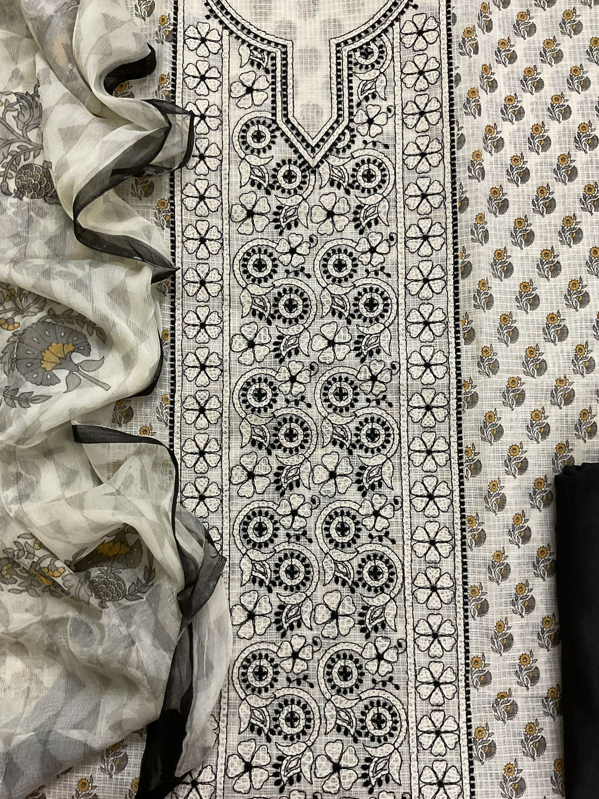 Pure Kota Cotton Printed Embroidered Suit - Off White