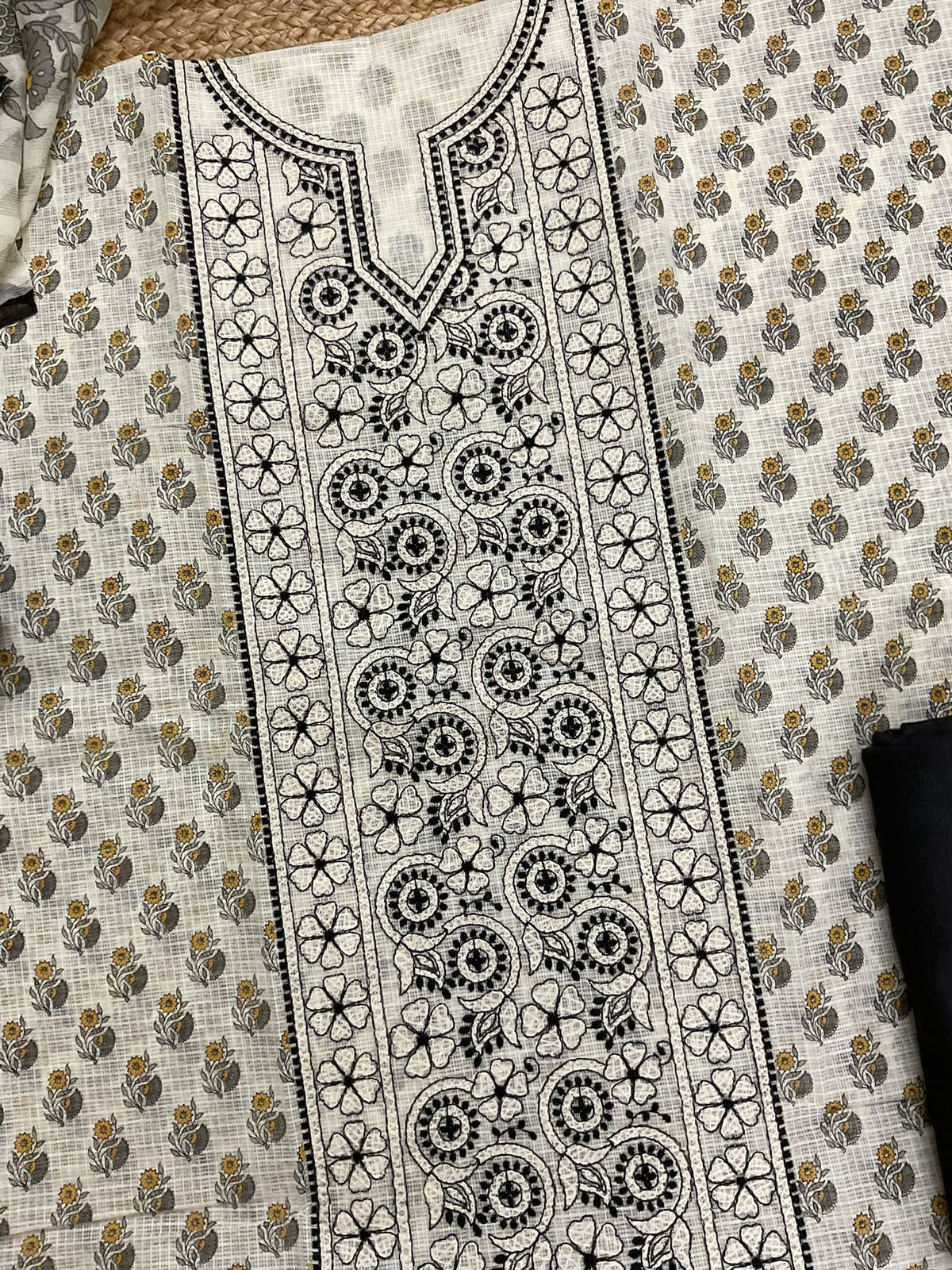 Pure Kota Cotton Printed Embroidered Suit - Off White