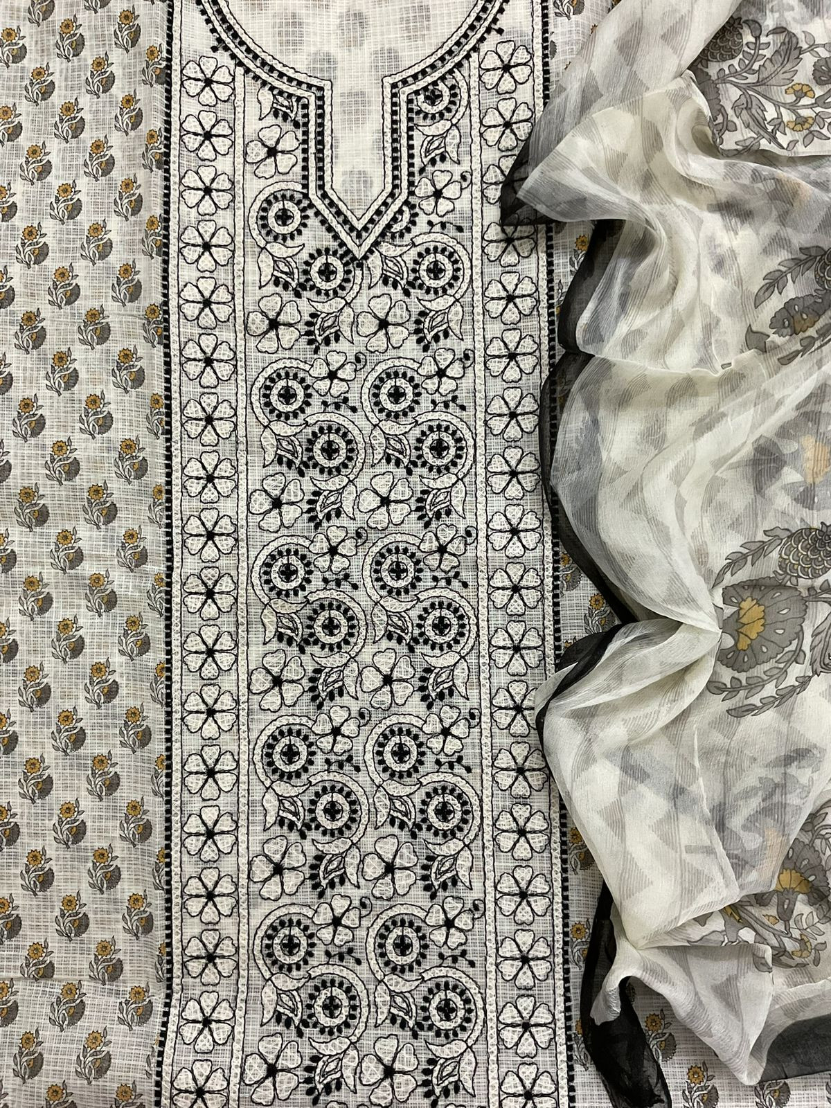Pure Kota Cotton Printed Embroidered Suit - Off White