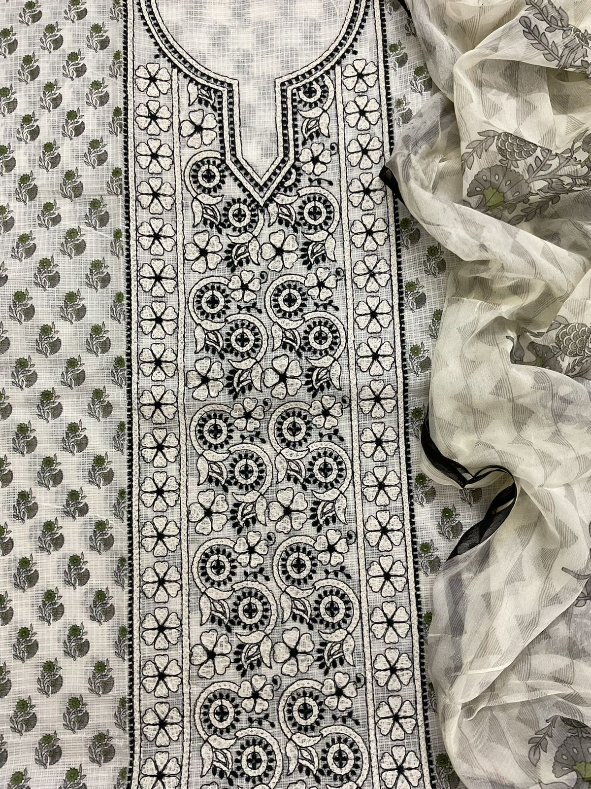 Pure Kota Cotton Printed Embroidered Suit - Off White