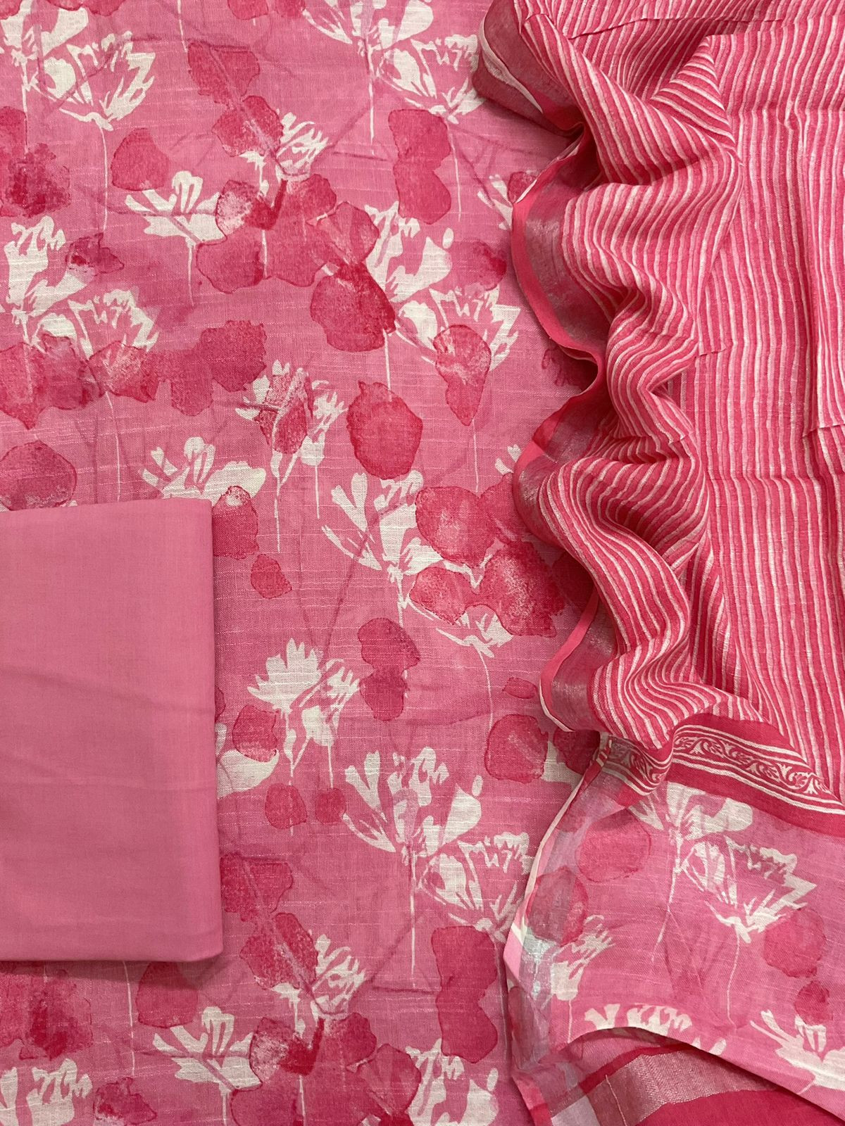 Pure Linen Jute Cotton Silk Printed Suit - Pink