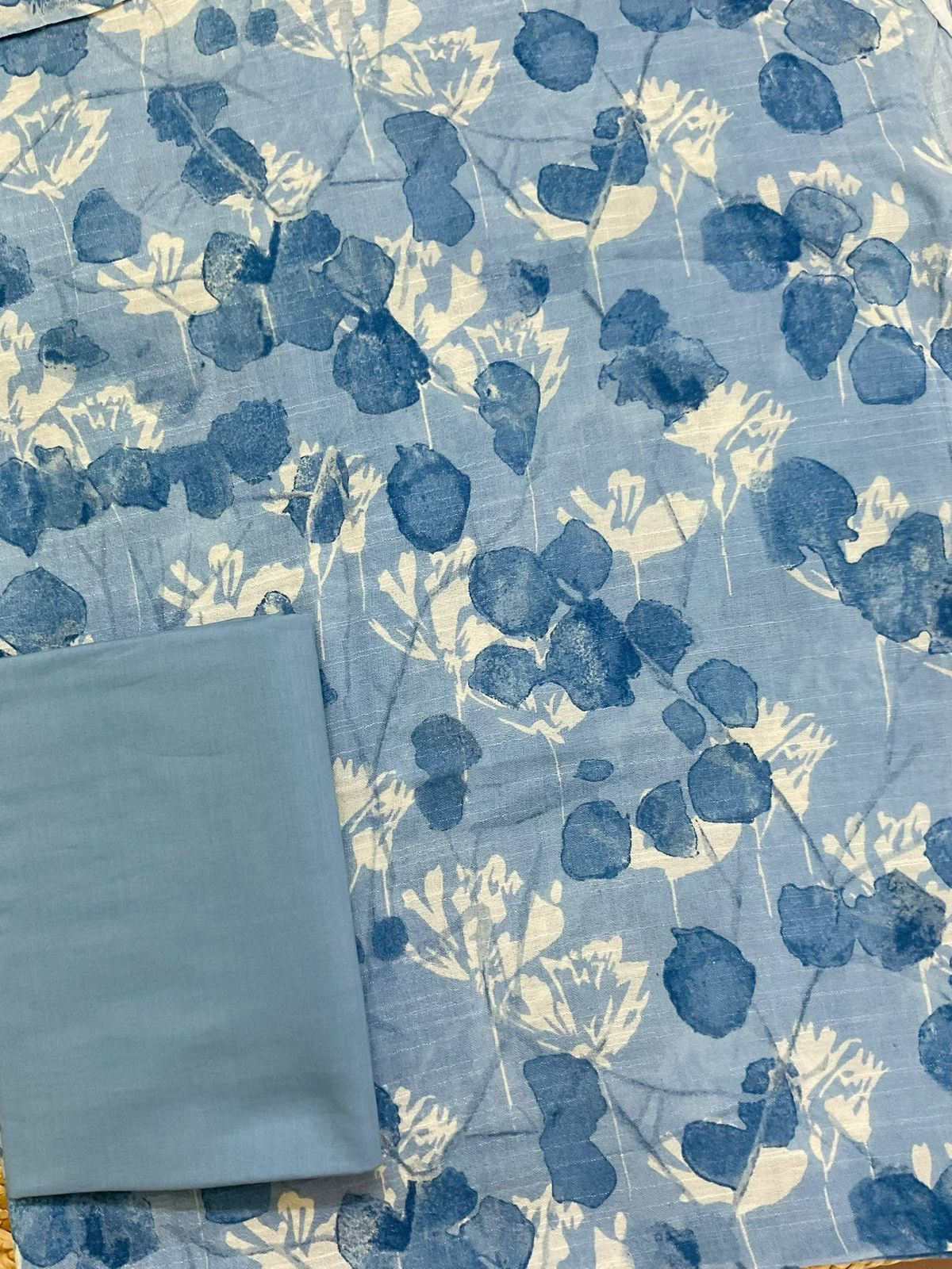 Pure Linen Jute Cotton Silk Printed Suit - Blue