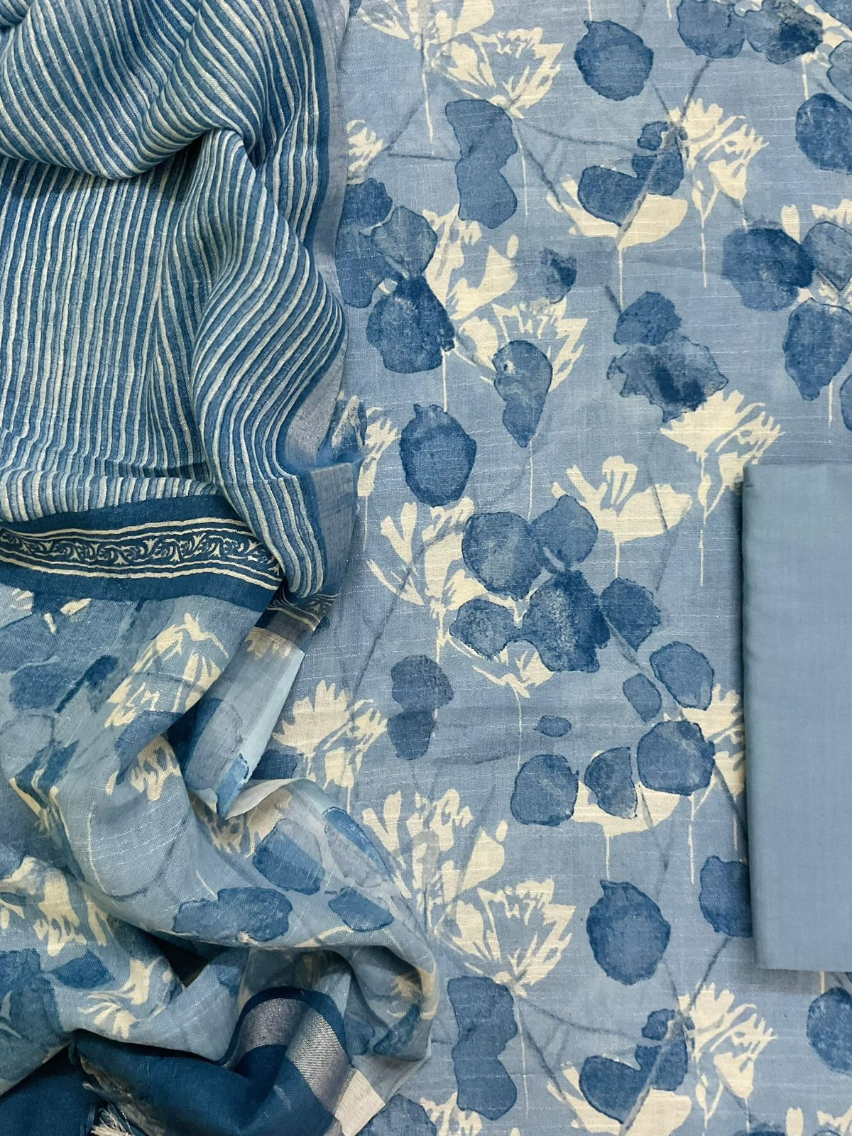 Pure Linen Jute Cotton Silk Printed Suit - Blue