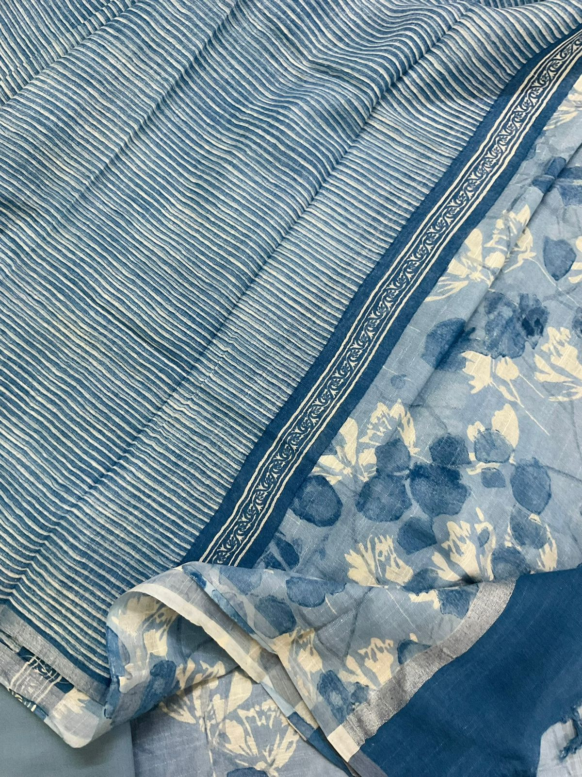 Pure Linen Jute Cotton Silk Printed Suit - Blue