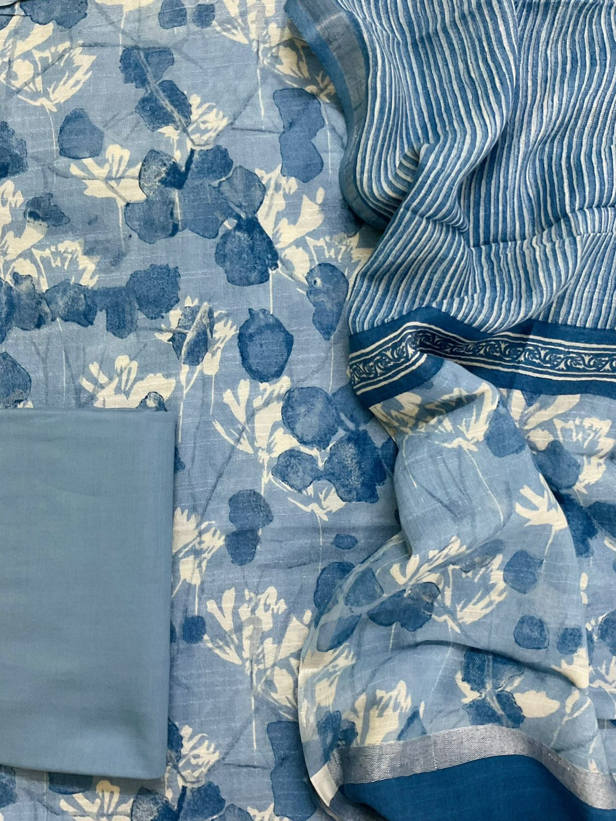 Pure Linen Jute Cotton Silk Printed Suit - Blue