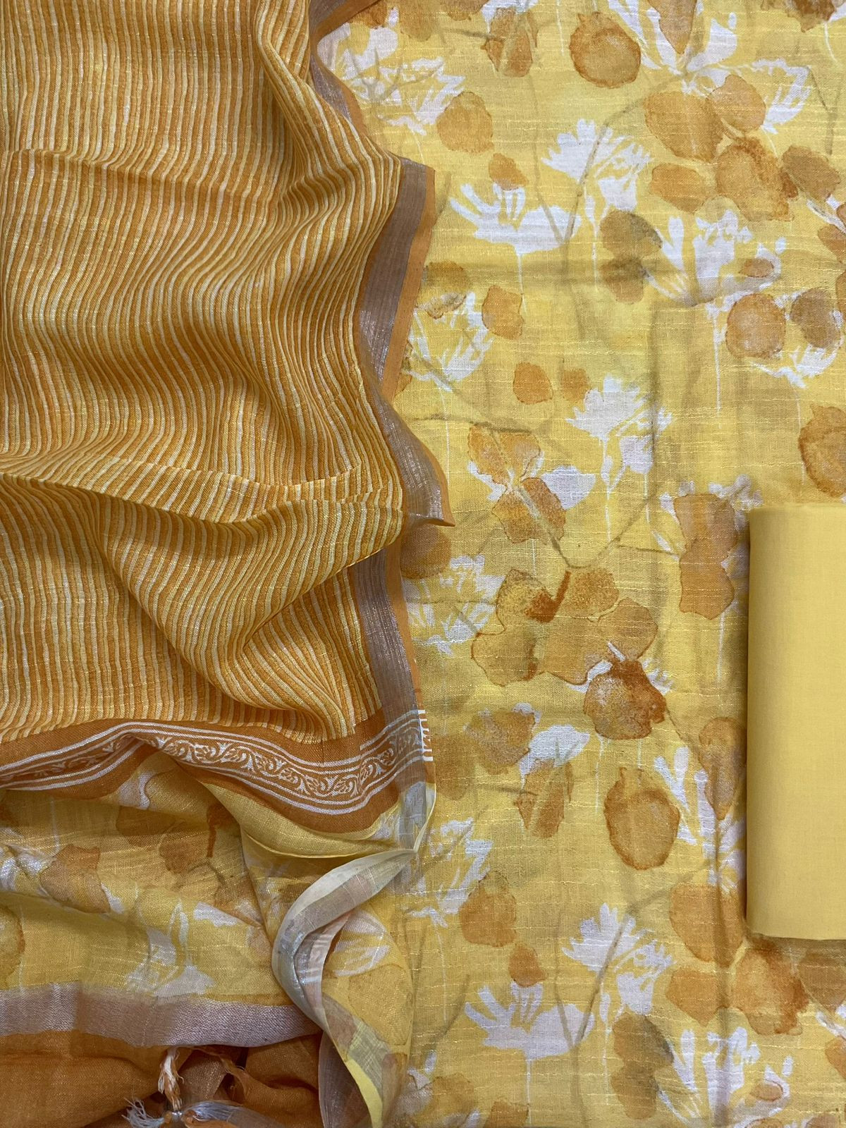 Pure Linen Jute Cotton Silk Printed Suit - Yellow