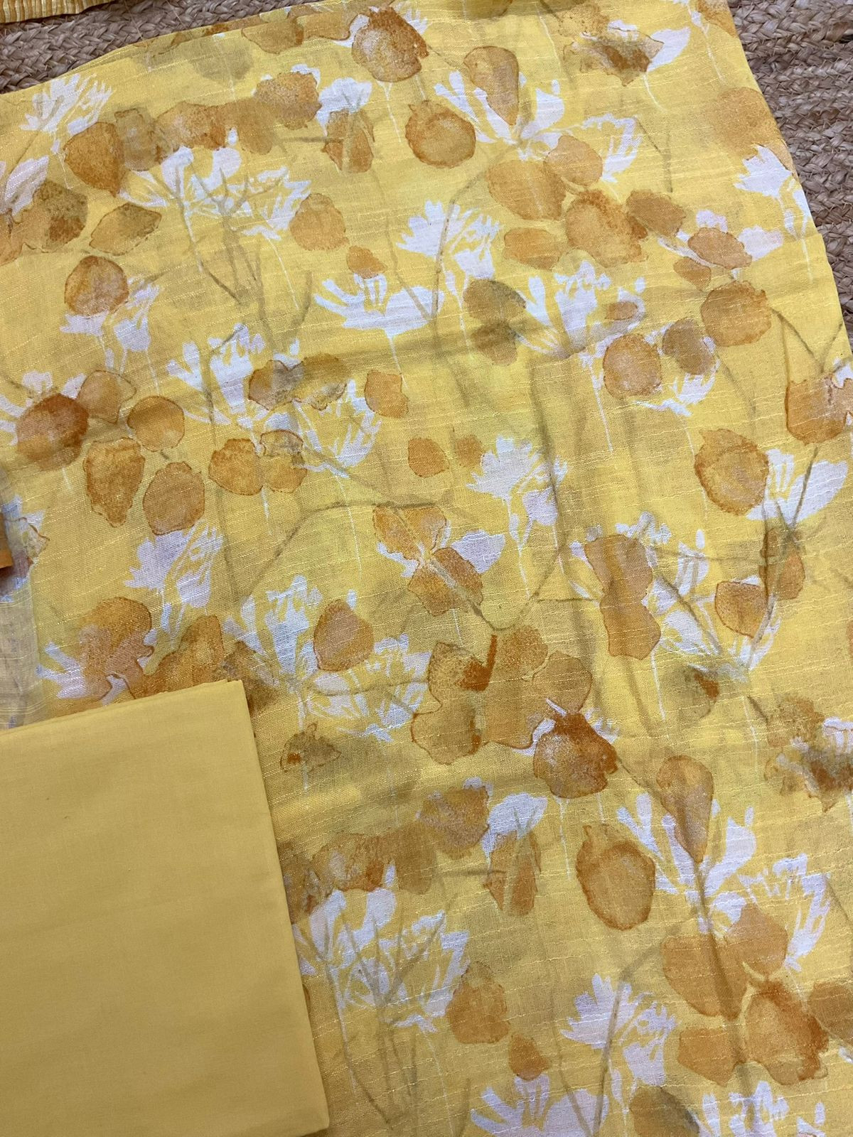 Pure Linen Jute Cotton Silk Printed Suit - Yellow