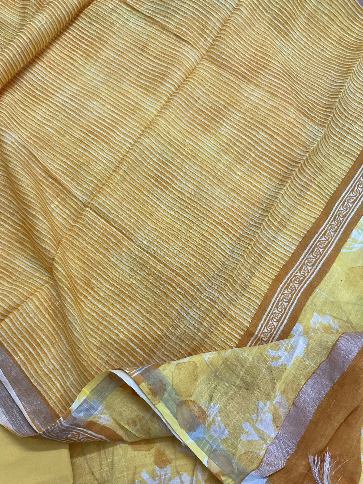Pure Linen Jute Cotton Silk Printed Suit - Yellow
