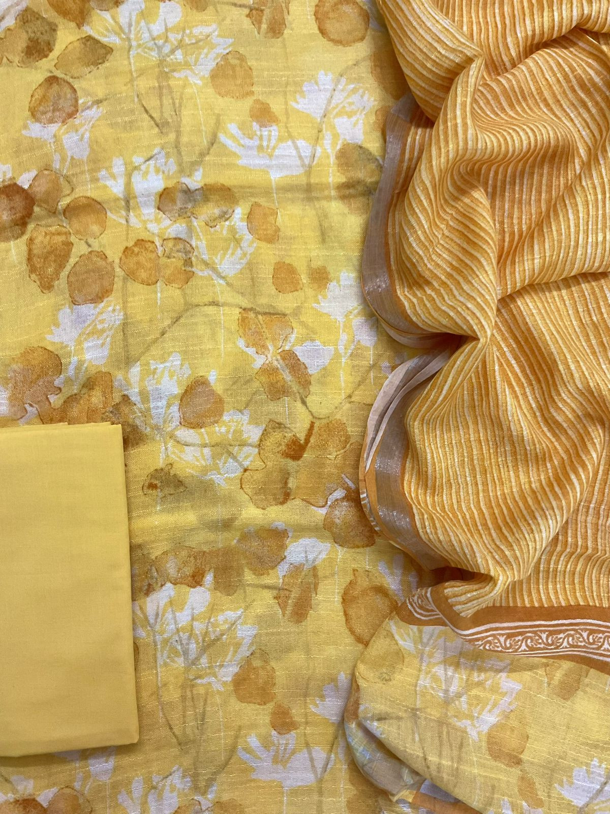 Pure Linen Jute Cotton Silk Printed Suit - Yellow