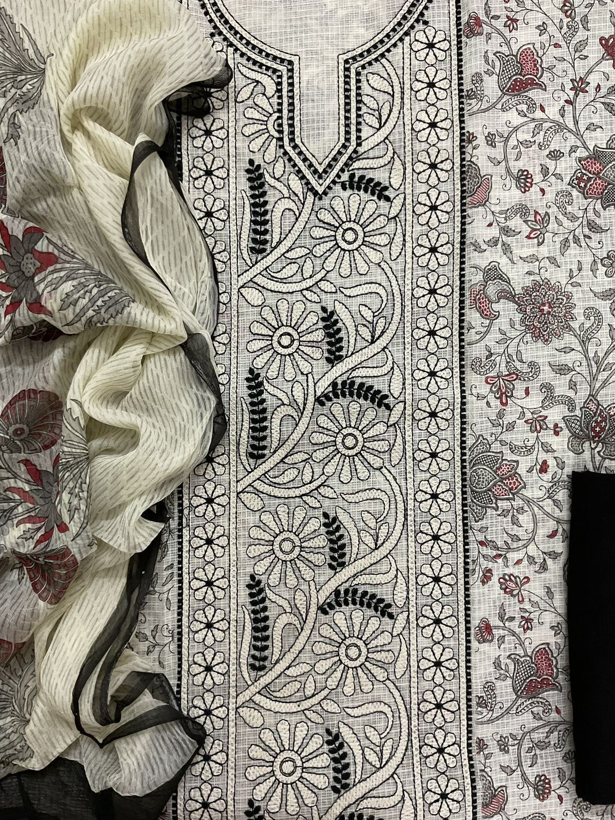 Pure Kota Cotton Printed Embroidered Suit - Off White