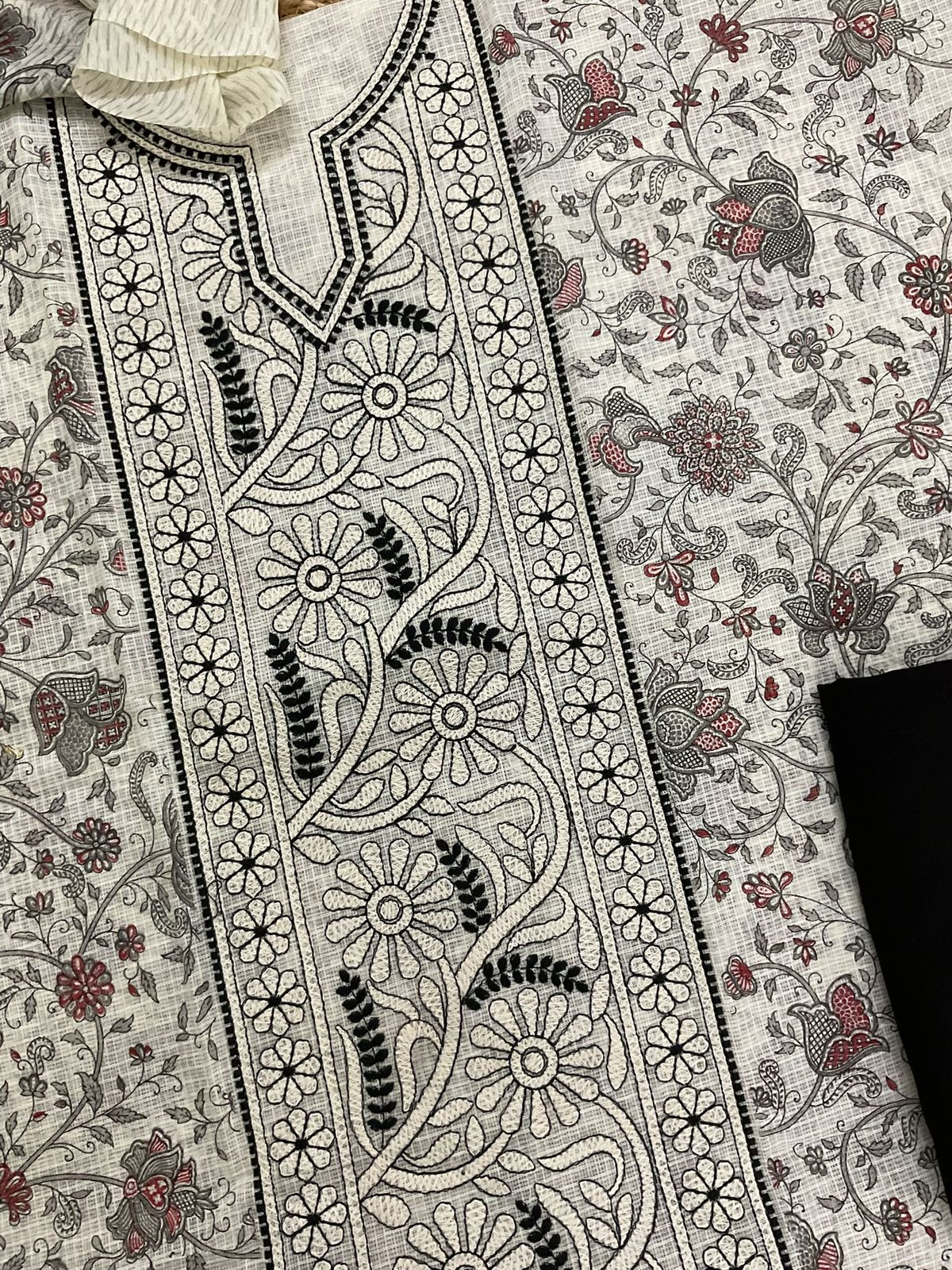 Pure Kota Cotton Printed Embroidered Suit - Off White