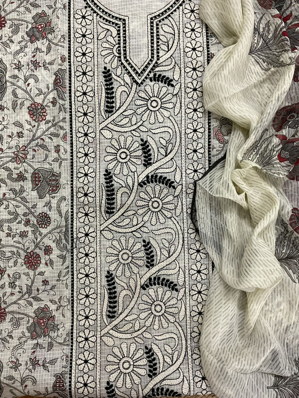 Pure Kota Cotton Printed Embroidered Suit - Off White