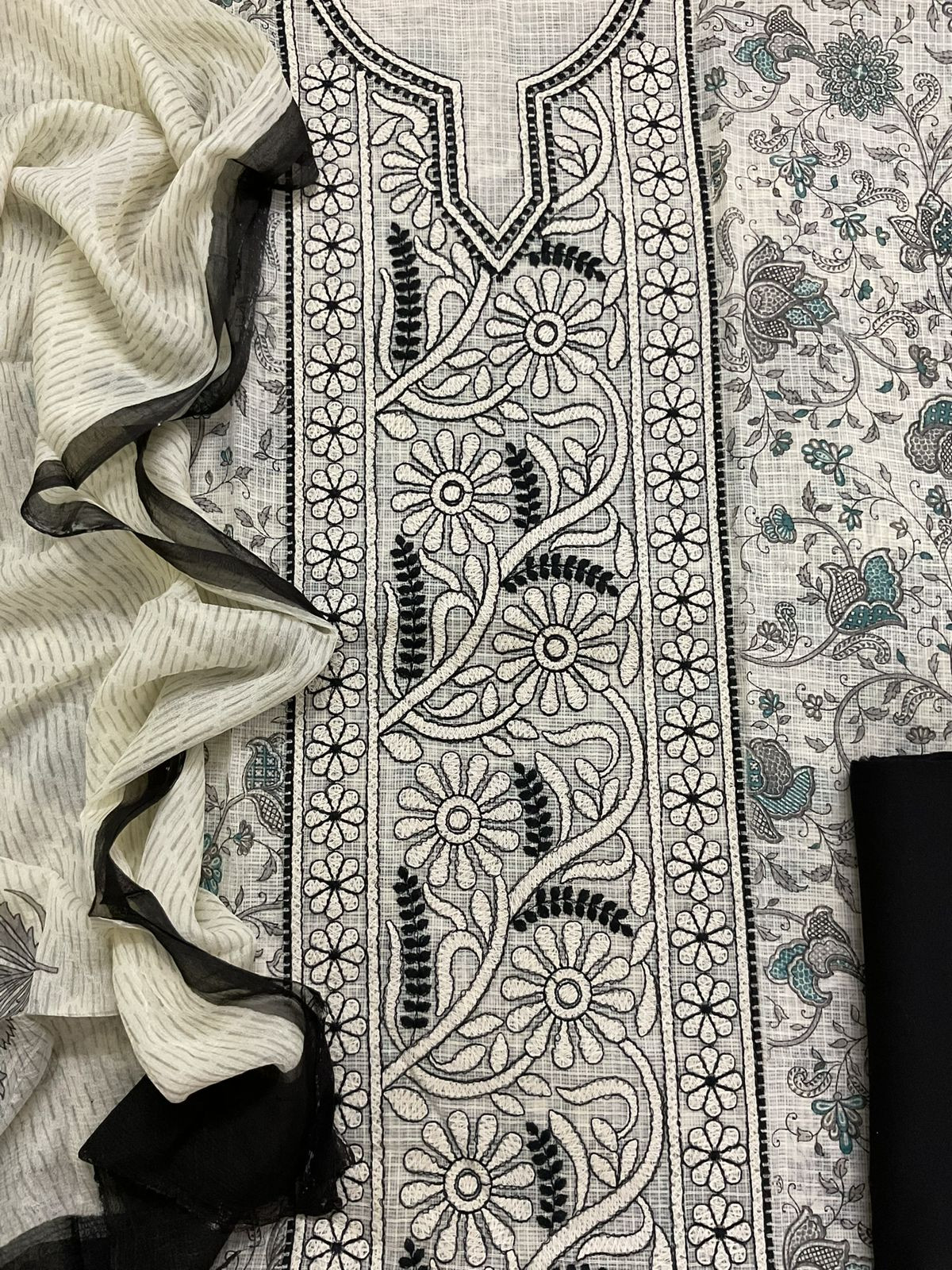 Pure Kota Cotton Printed Embroidered Suit - Off White