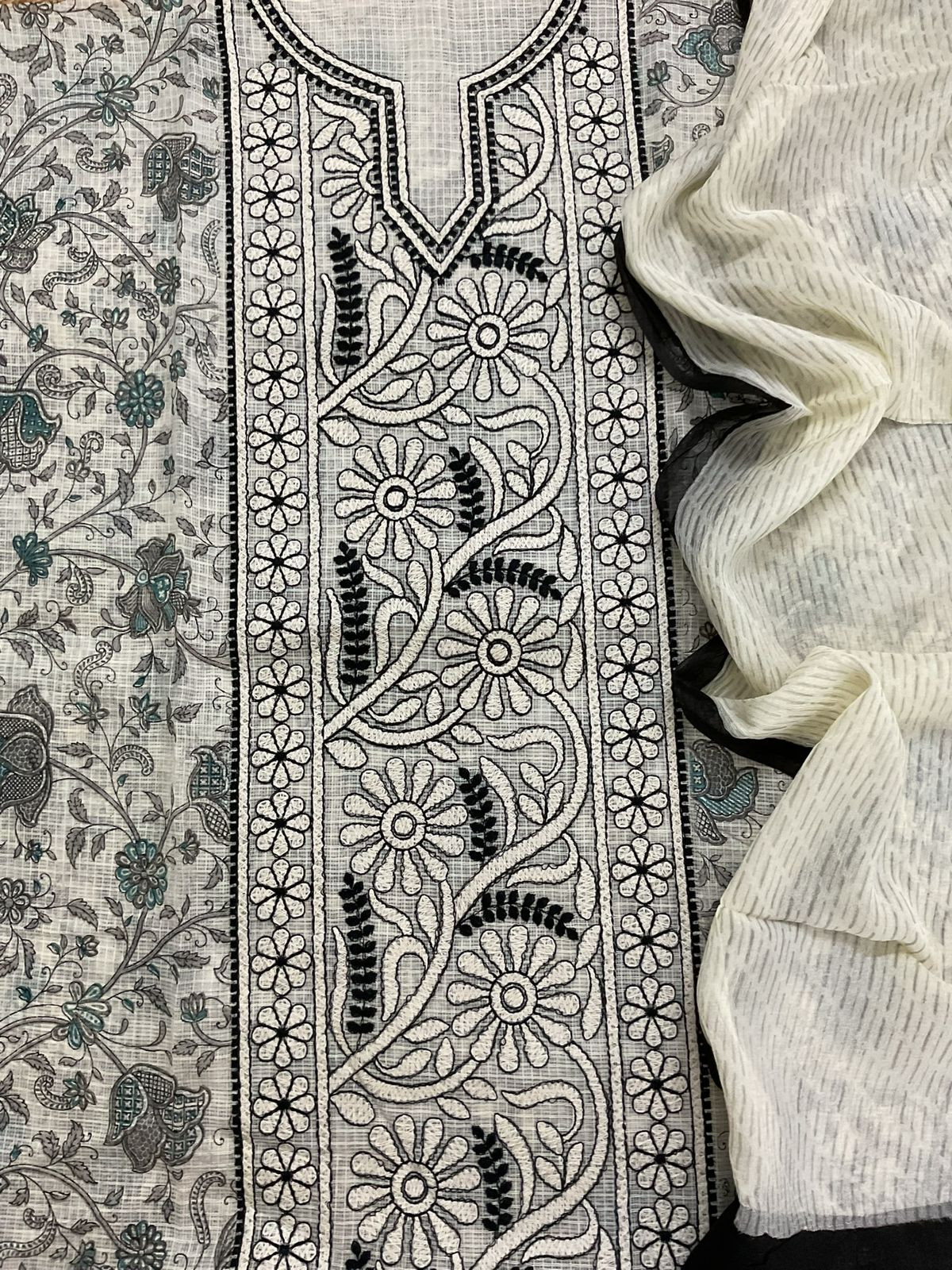 Pure Kota Cotton Printed Embroidered Suit - Off White