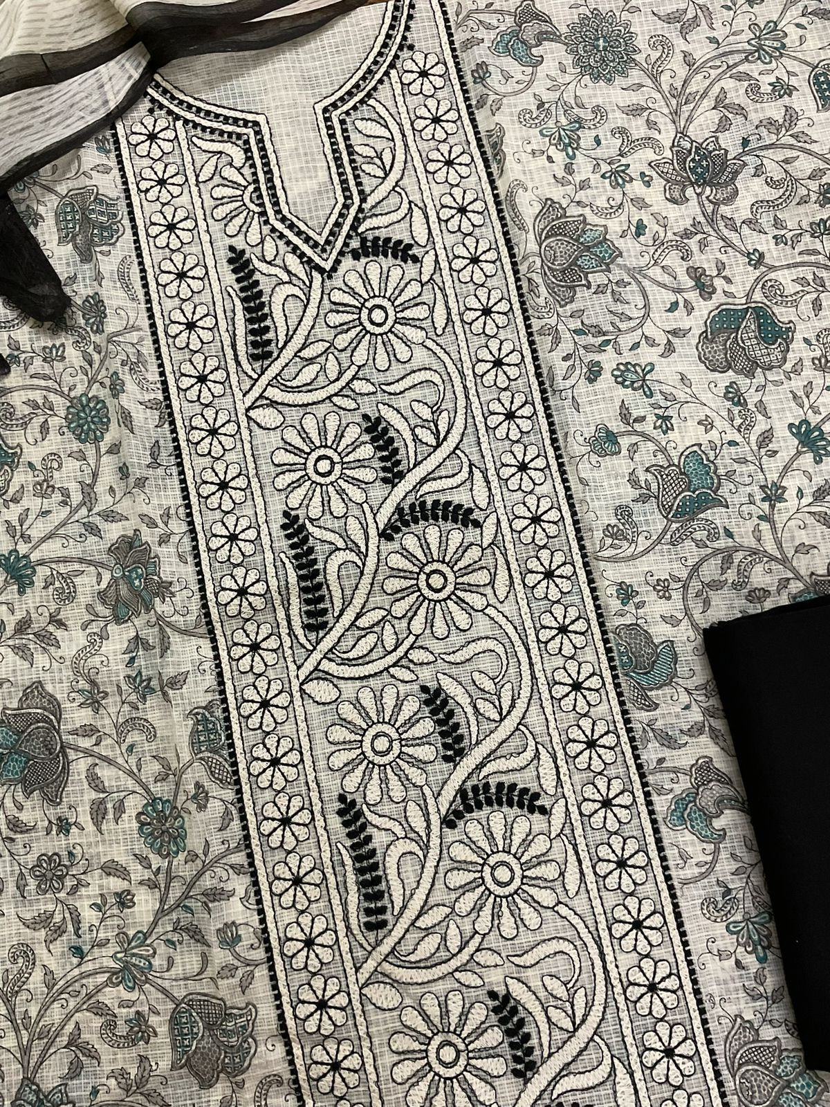 Pure Kota Cotton Printed Embroidered Suit - Off White