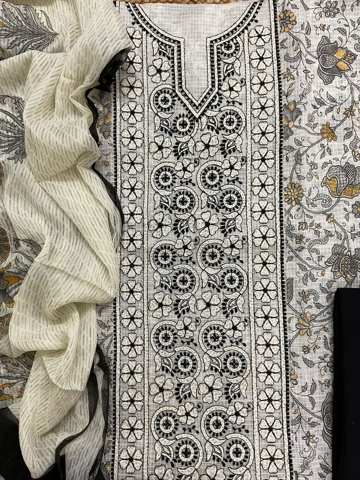 Pure Kota Cotton Printed Embroidered Suit - Off White