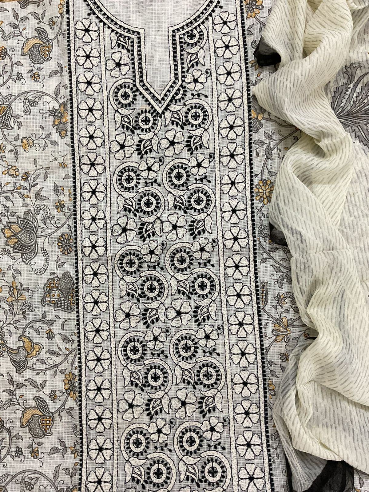 Pure Kota Cotton Printed Embroidered Suit - Off White