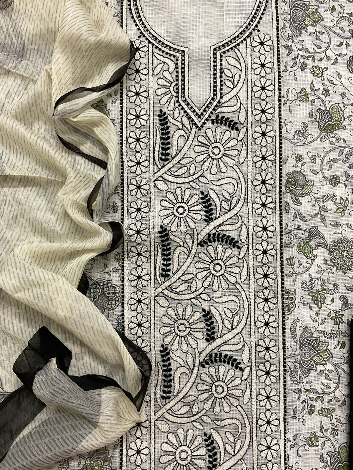 Pure Kota Cotton Printed Embroidered Suit - Off White