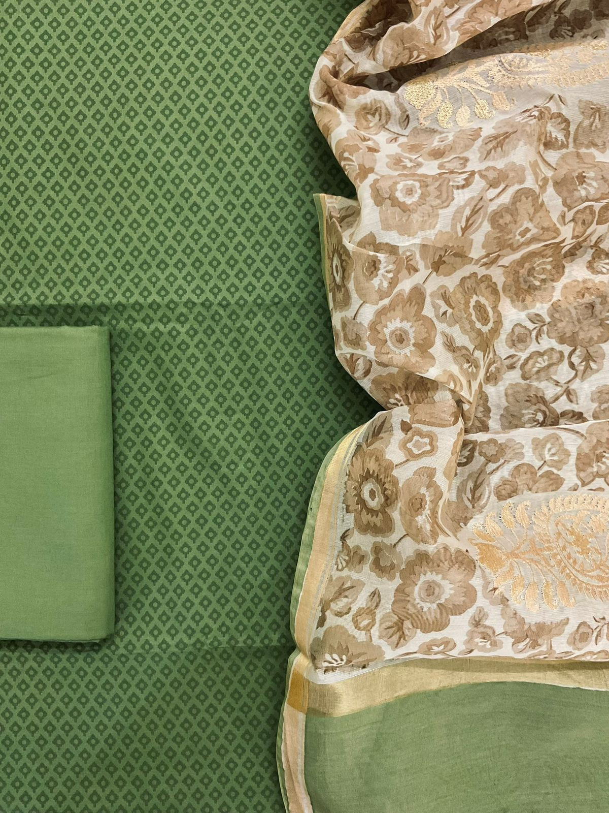 Pure Cotton Printed Embroidered Suit - Green