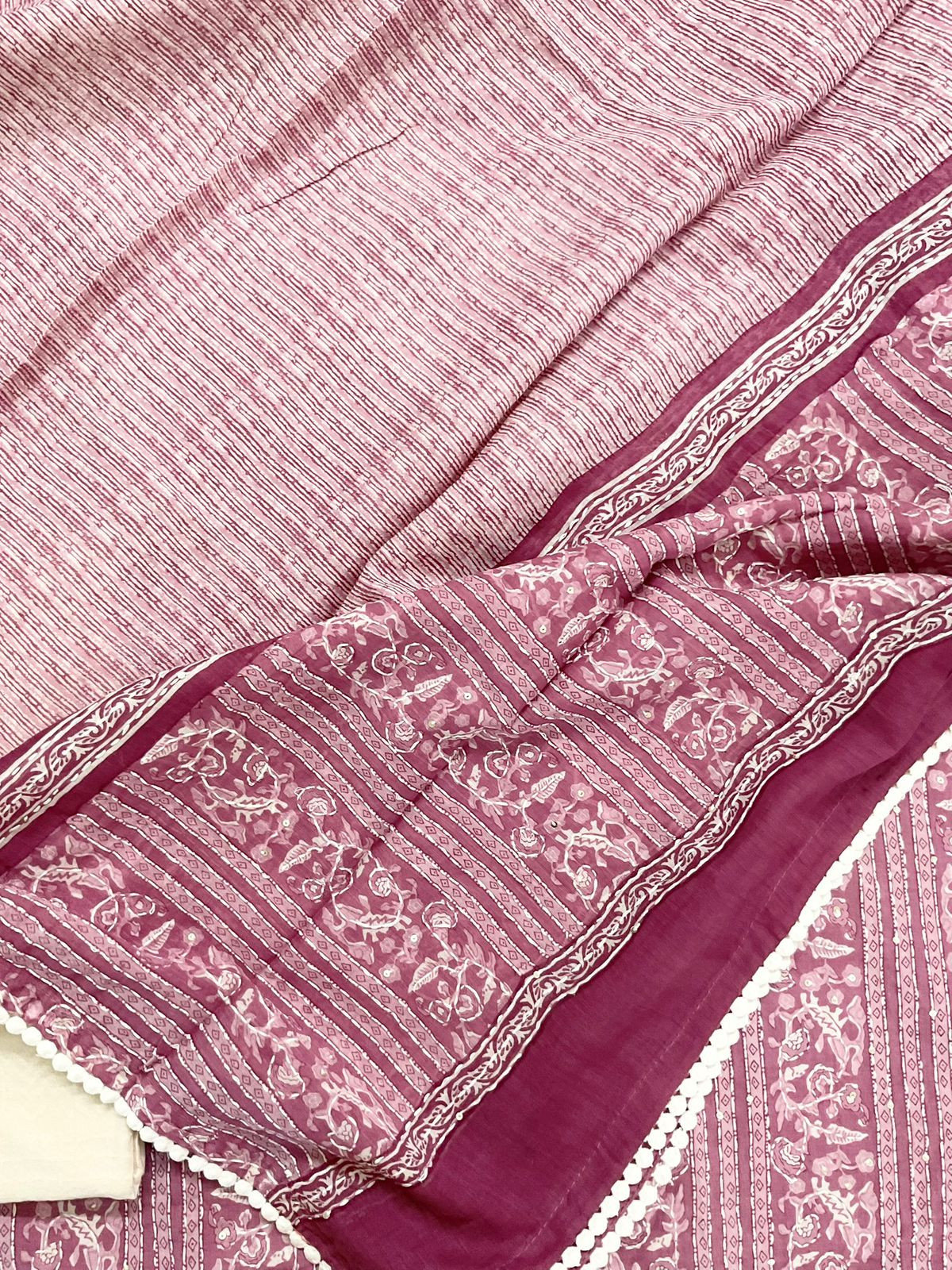 Pure Cotton Printed Embroidered Suit - Pinkish Wine