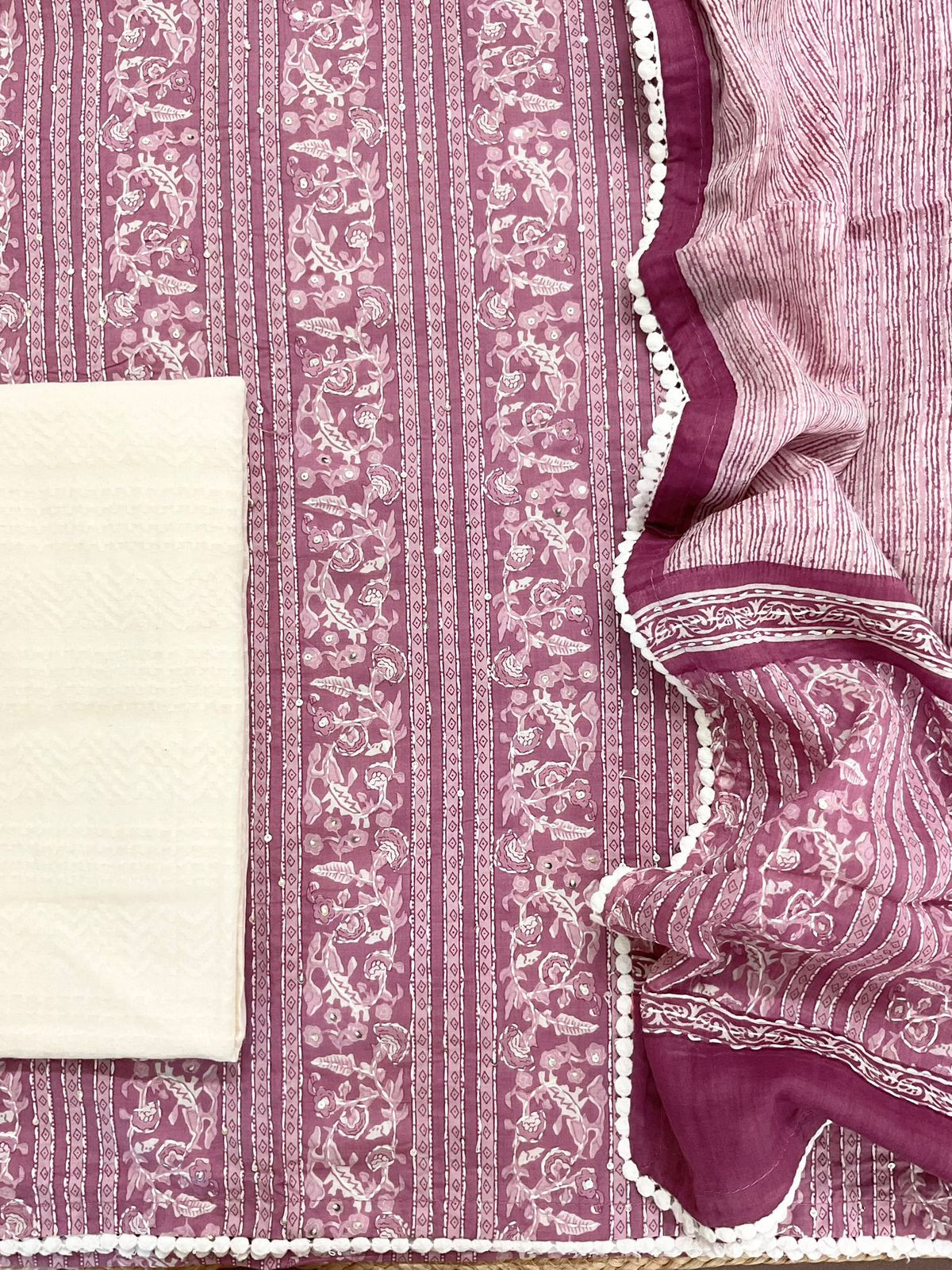 Pure Cotton Printed Embroidered Suit - Pinkish Wine