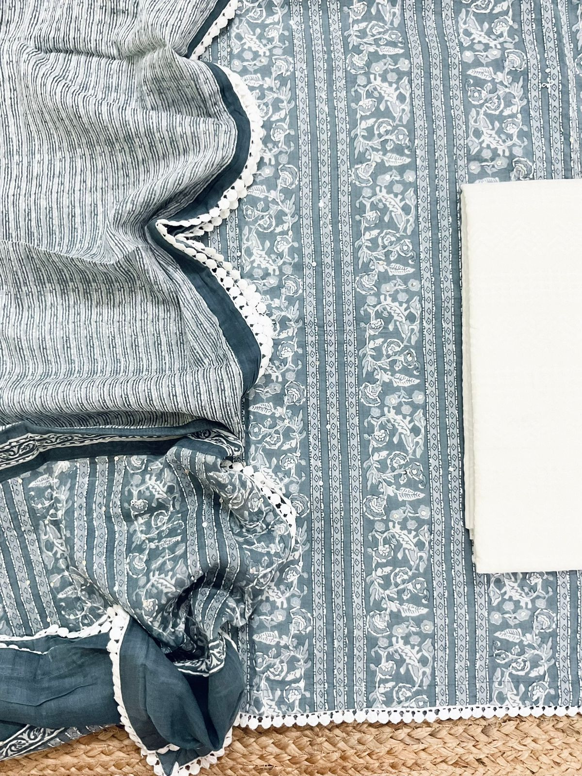 Pure Cotton Printed Embroidered Suit - Grey