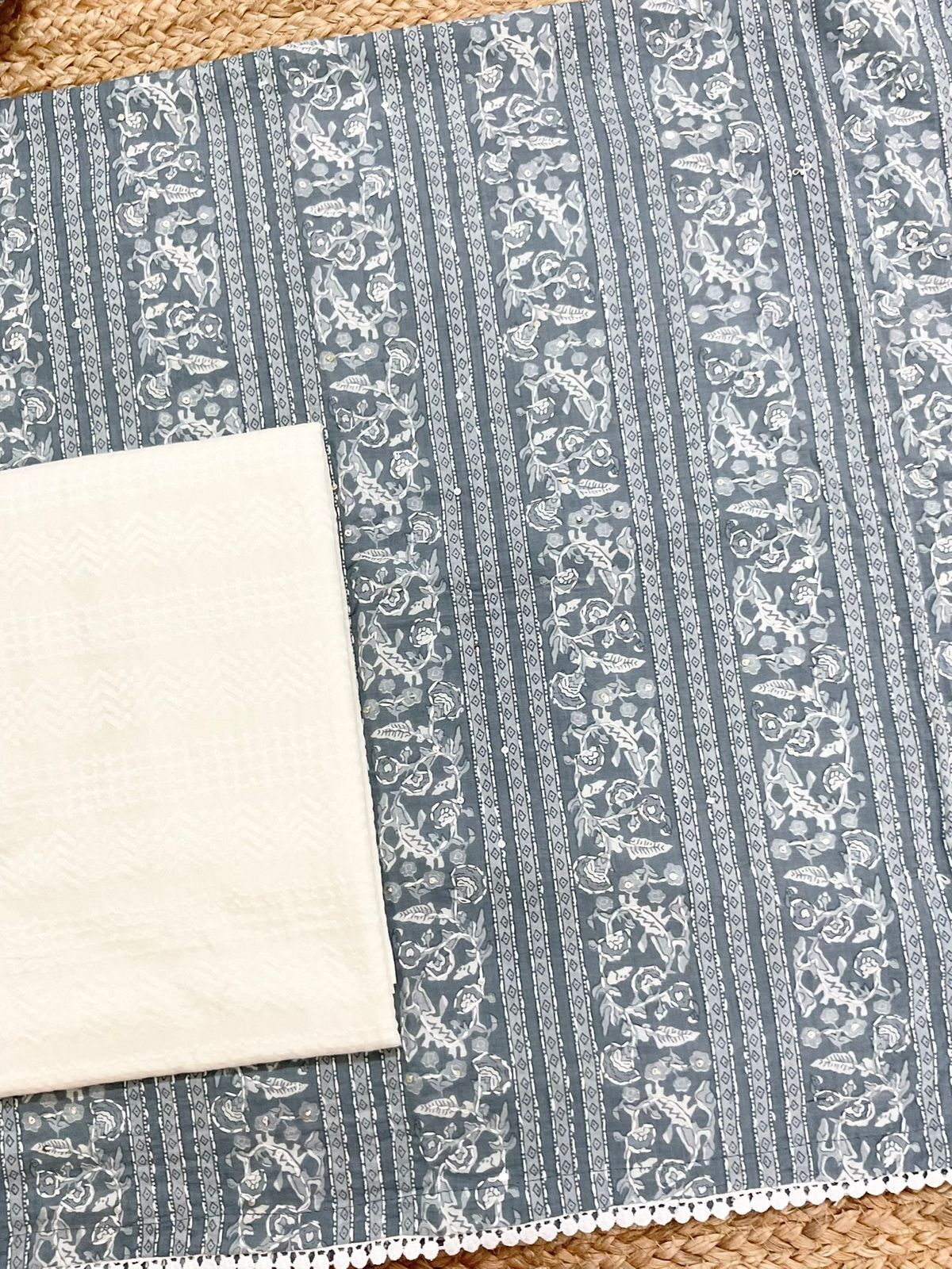 Pure Cotton Printed Embroidered Suit - Grey