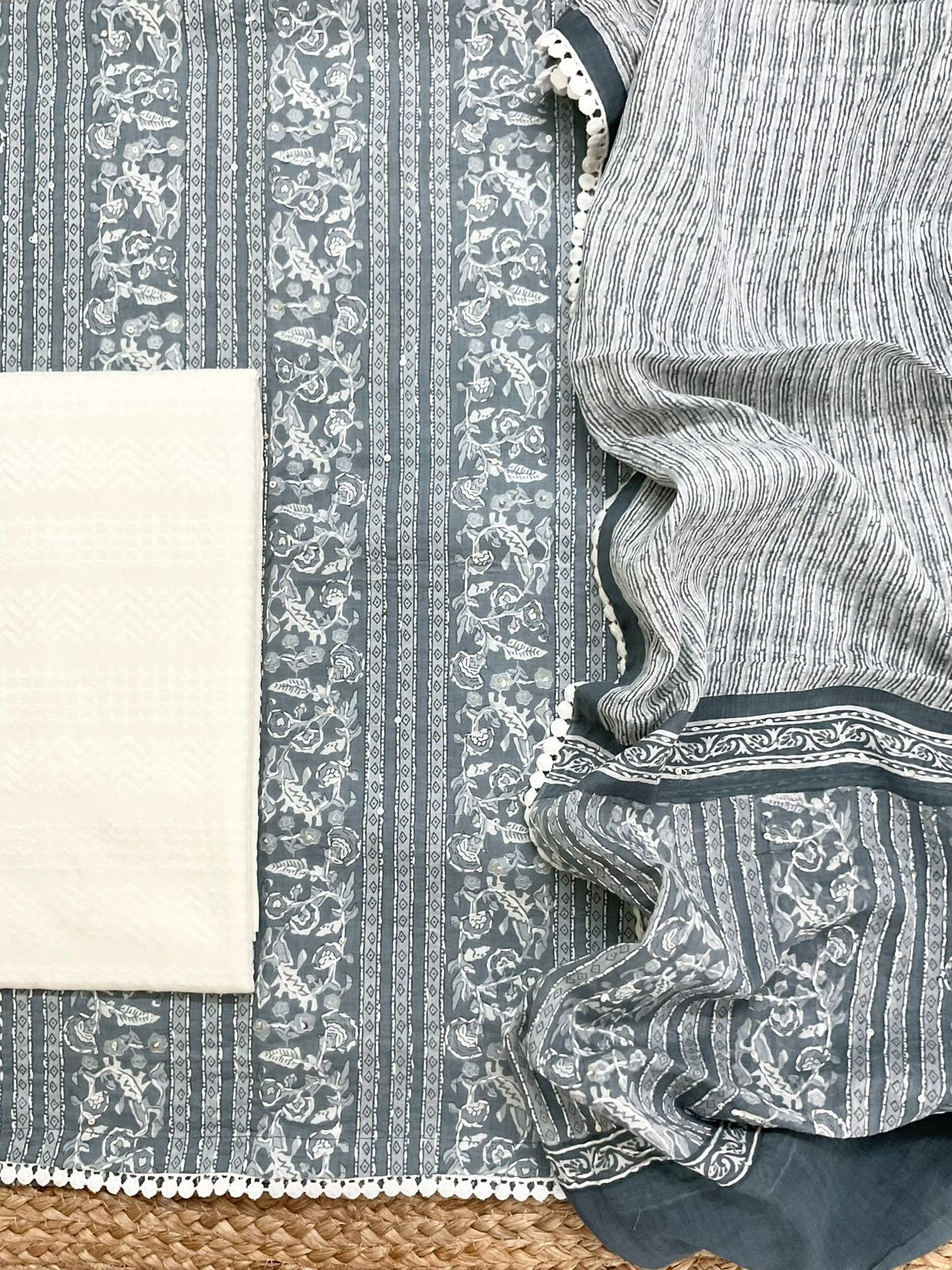 Pure Cotton Printed Embroidered Suit - Grey
