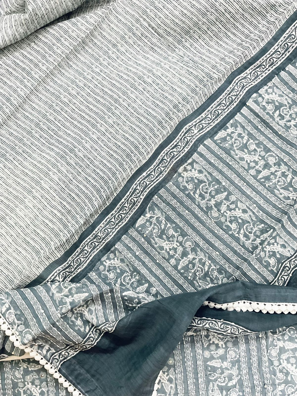 Pure Cotton Printed Embroidered Suit - Grey