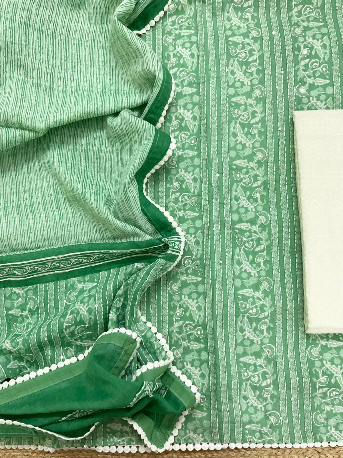 Pure Cotton Printed Embroidered Suit - Green