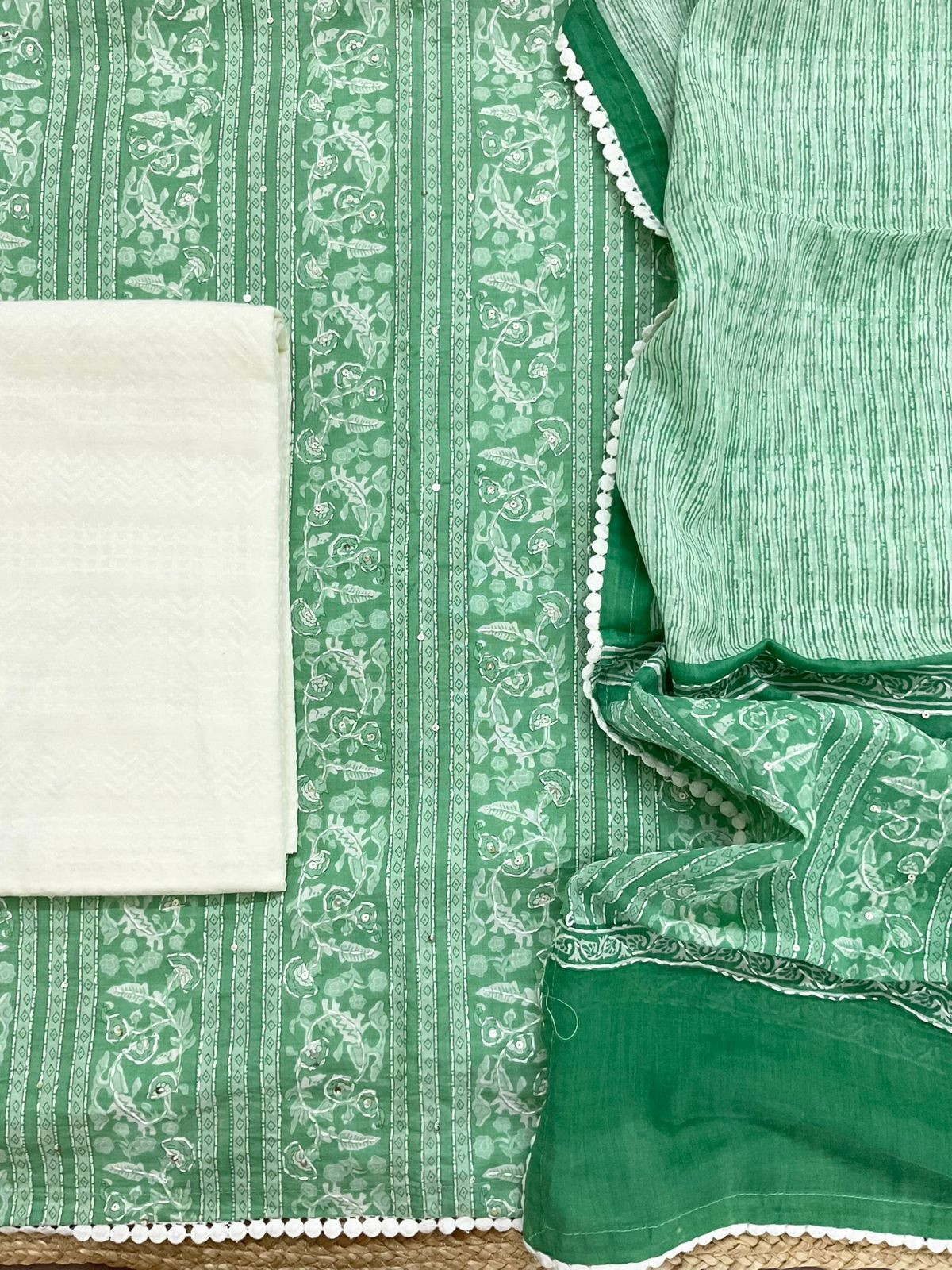 Pure Cotton Printed Embroidered Suit - Green