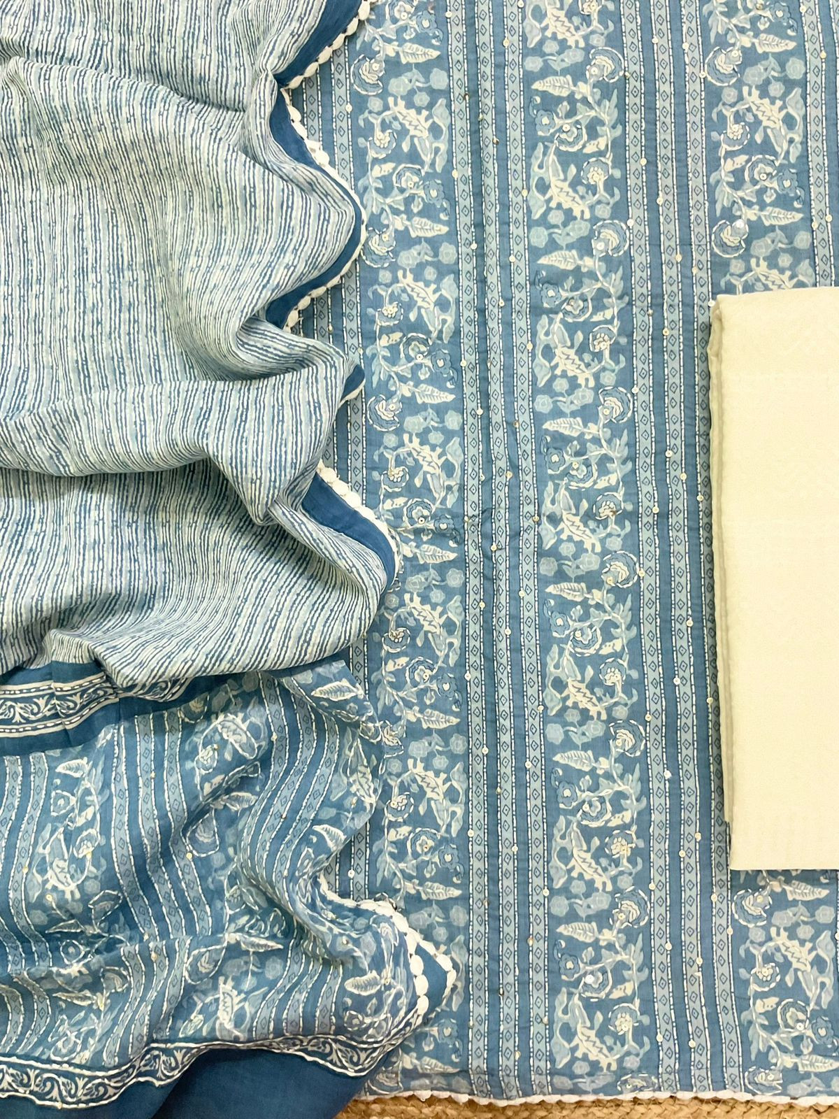 Pure Cotton Printed Embroidered Suit - Blue