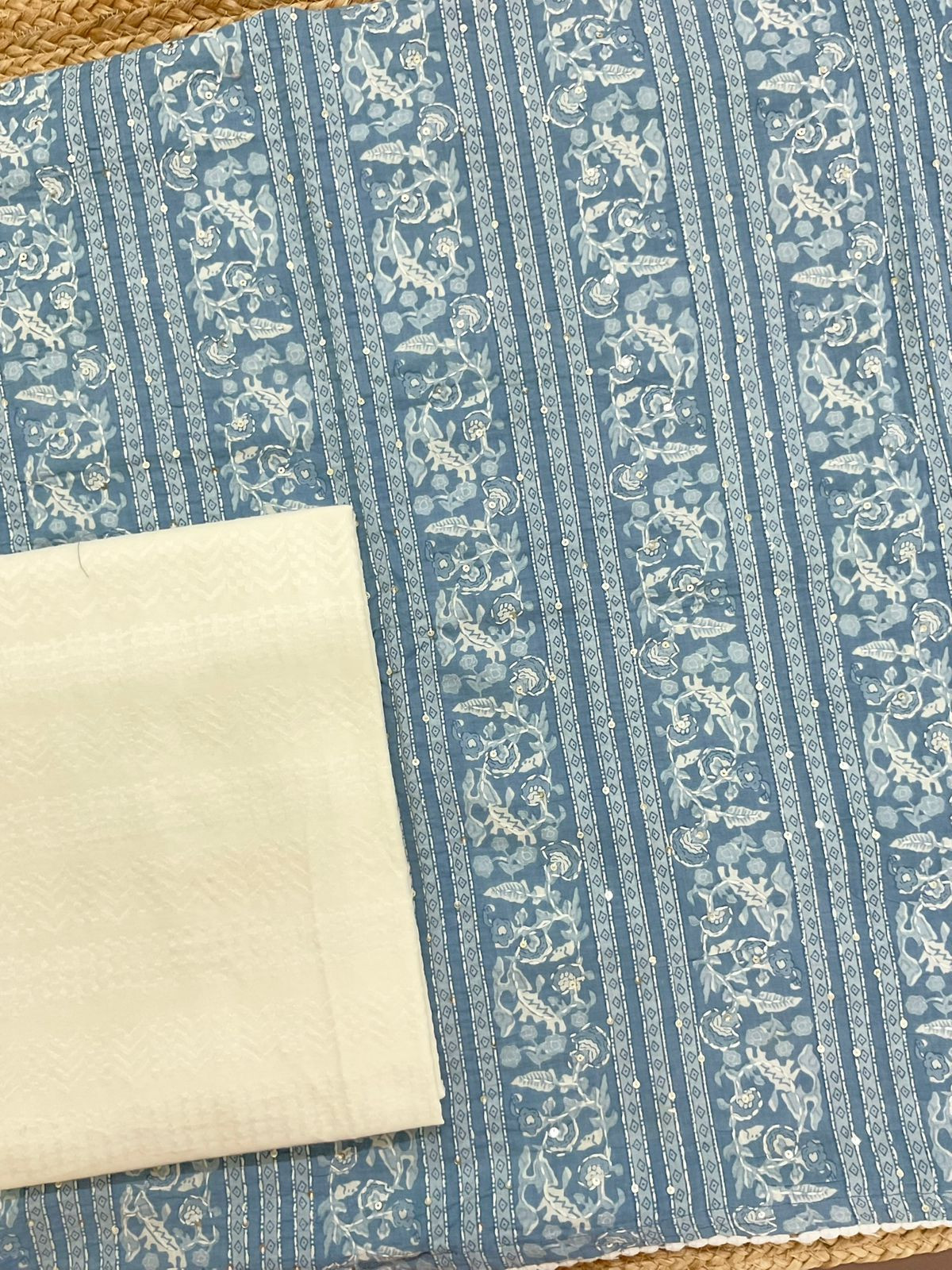 Pure Cotton Printed Embroidered Suit - Blue