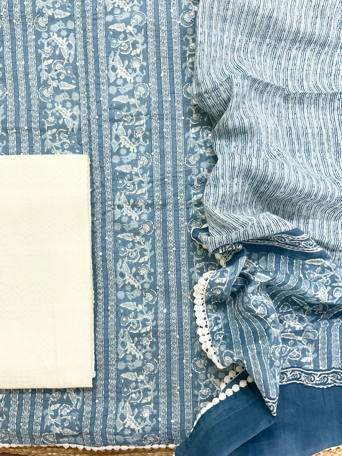 Pure Cotton Printed Embroidered Suit - Blue