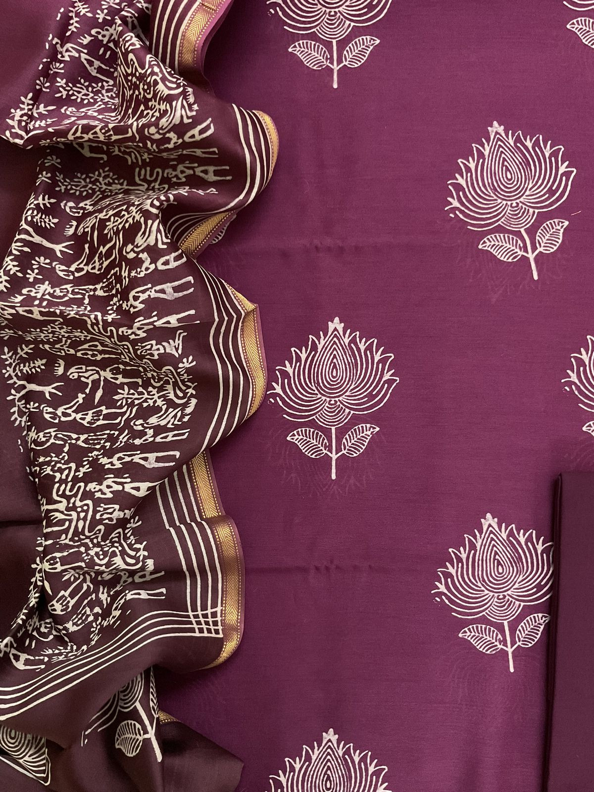 Pure Maheshwari Printed Suit - Wine