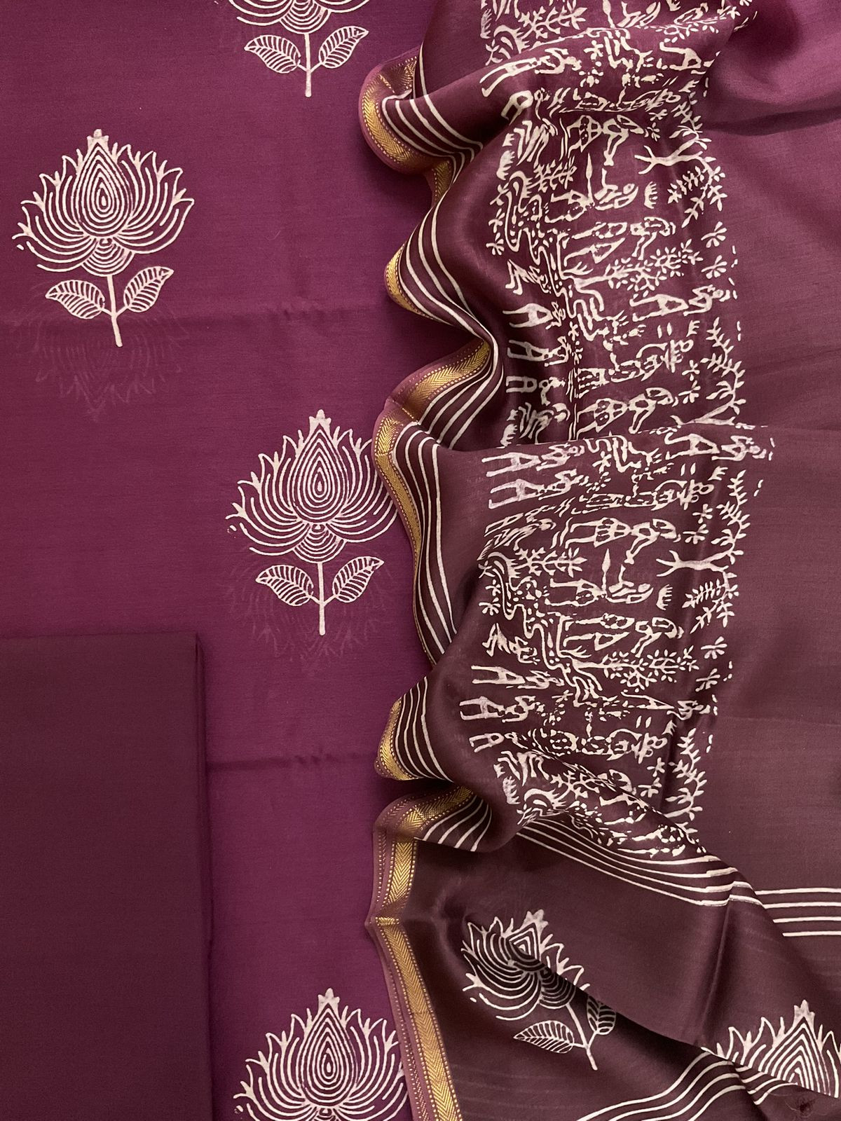 Pure Maheshwari Printed Suit - Wine