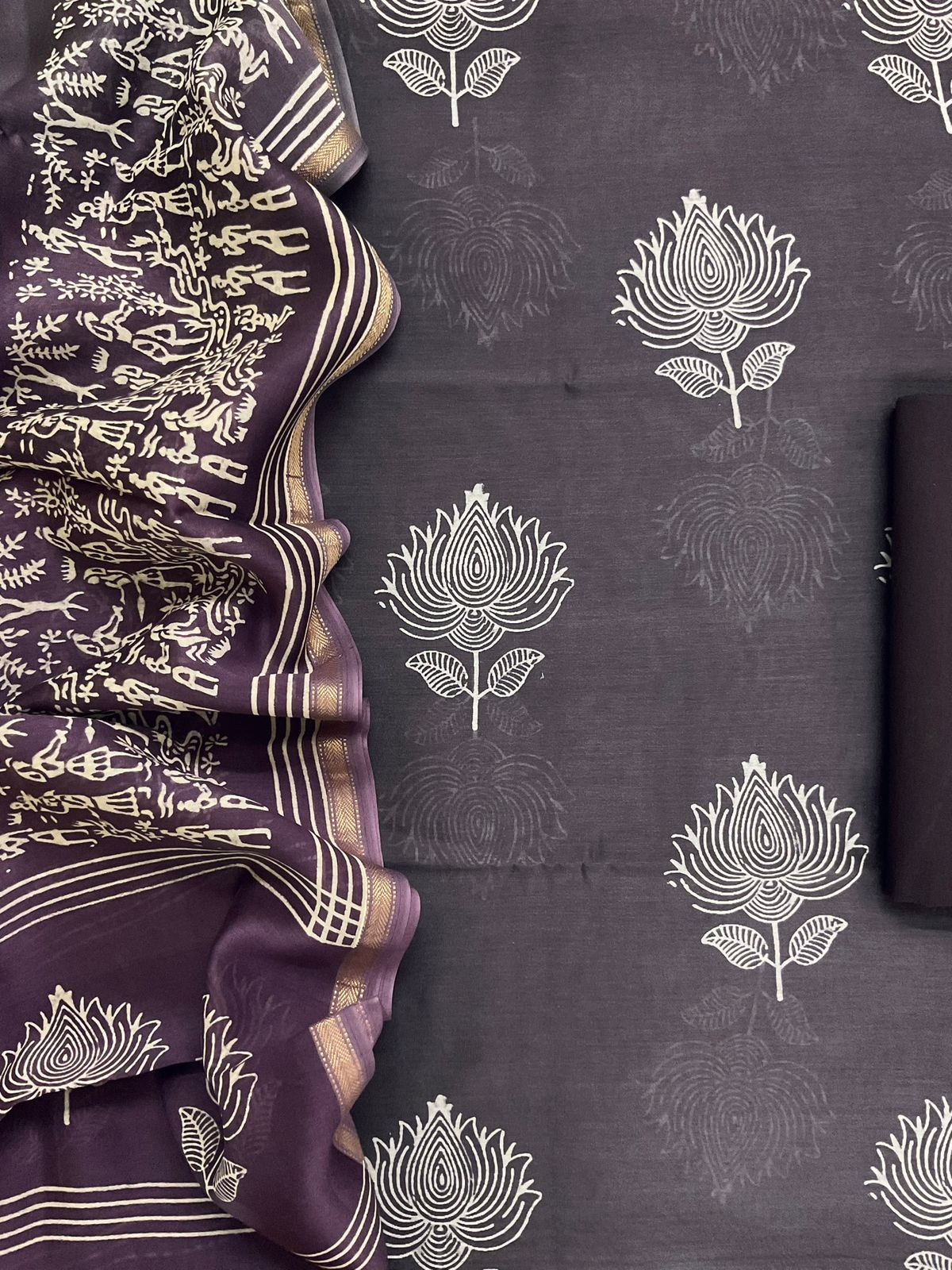 Pure Maheshwari Printed Suit - Greyish Brown