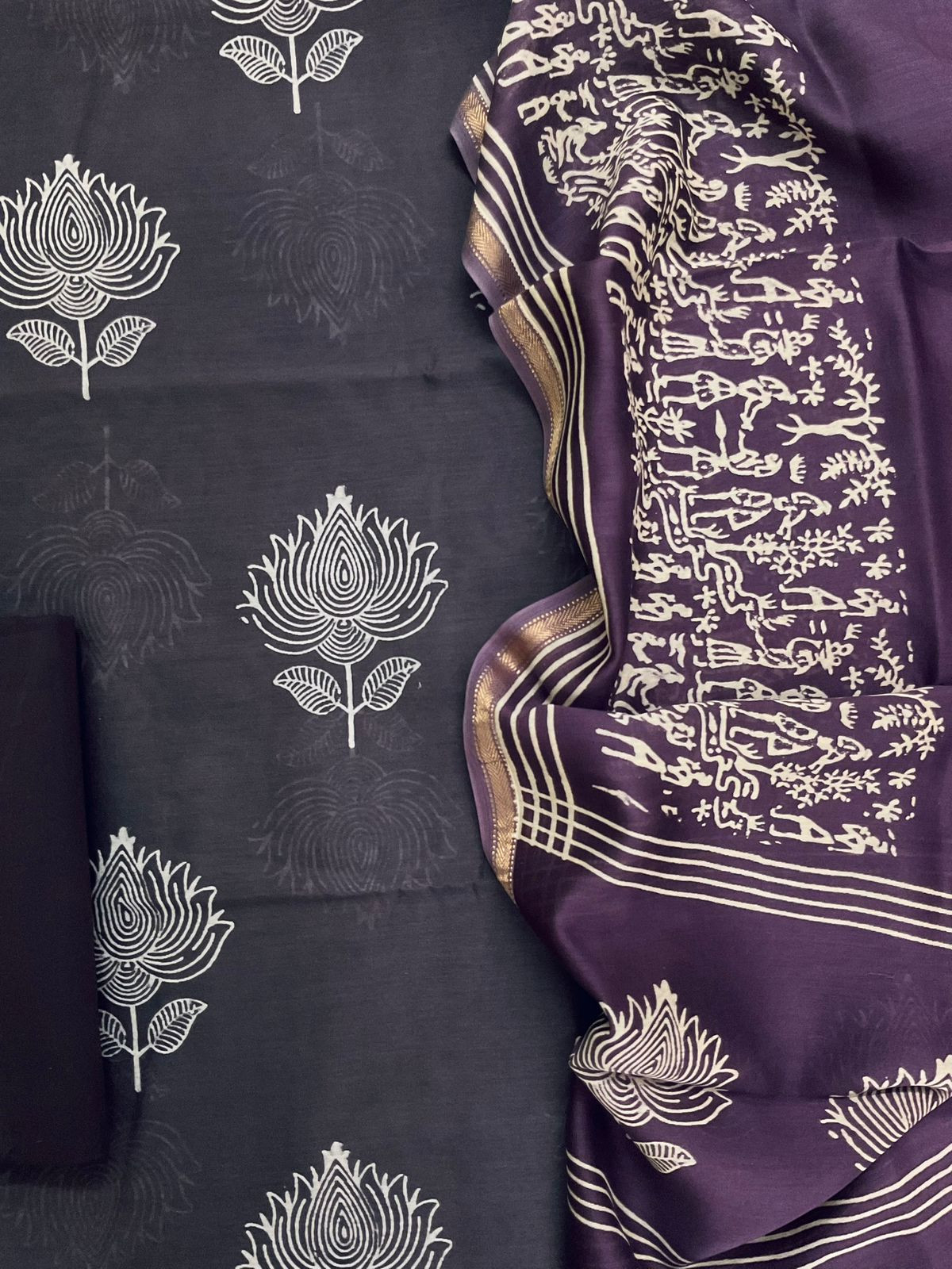 Pure Maheshwari Printed Suit - Greyish Brown