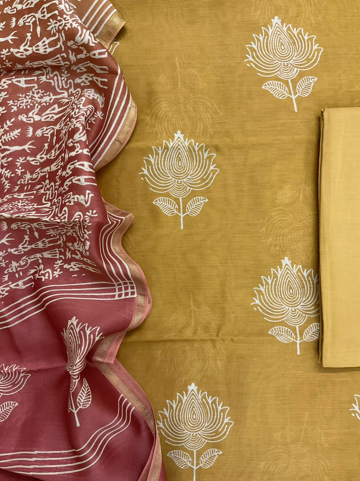 Pure Maheshwari Printed Suit - Mustard Yellow