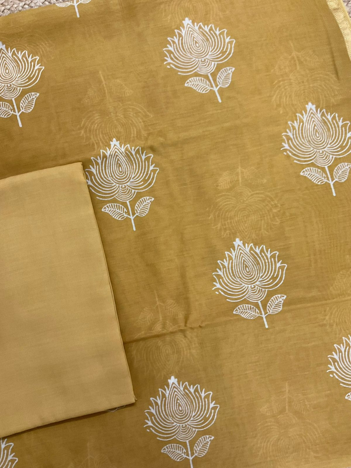 Pure Maheshwari Printed Suit - Mustard Yellow