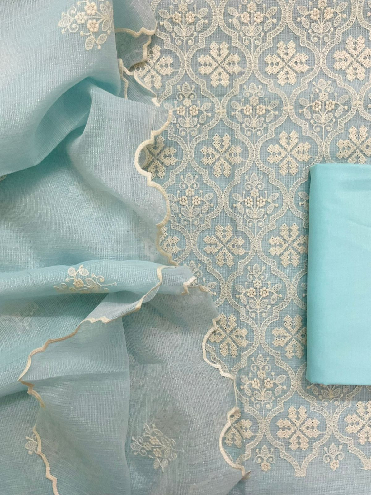 Soft Fine Tissue Kota Silk Embroidered Suit - Blue
