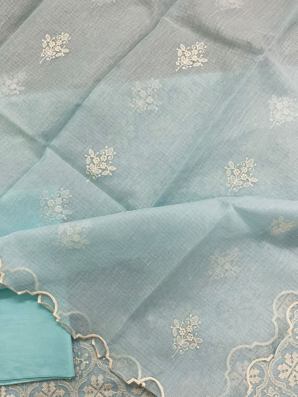 Soft Fine Tissue Kota Silk Embroidered Suit - Blue