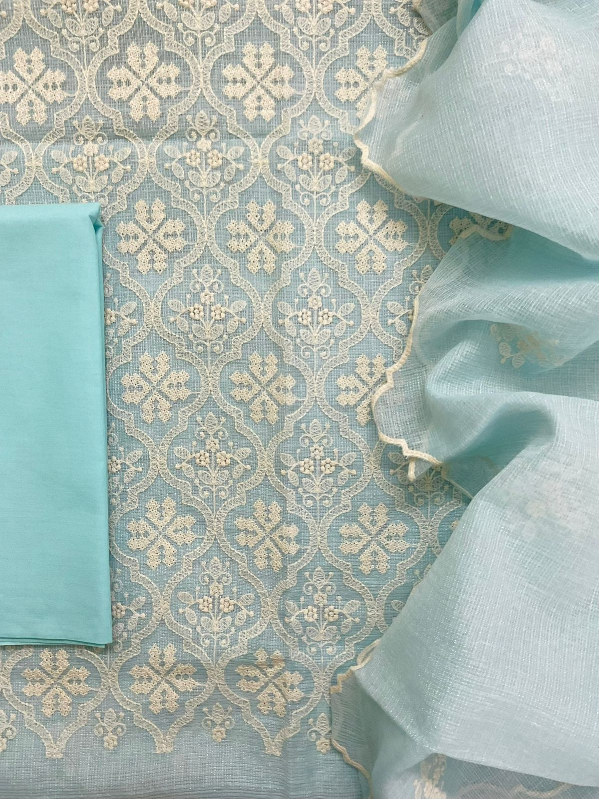 Soft Fine Tissue Kota Silk Embroidered Suit - Blue