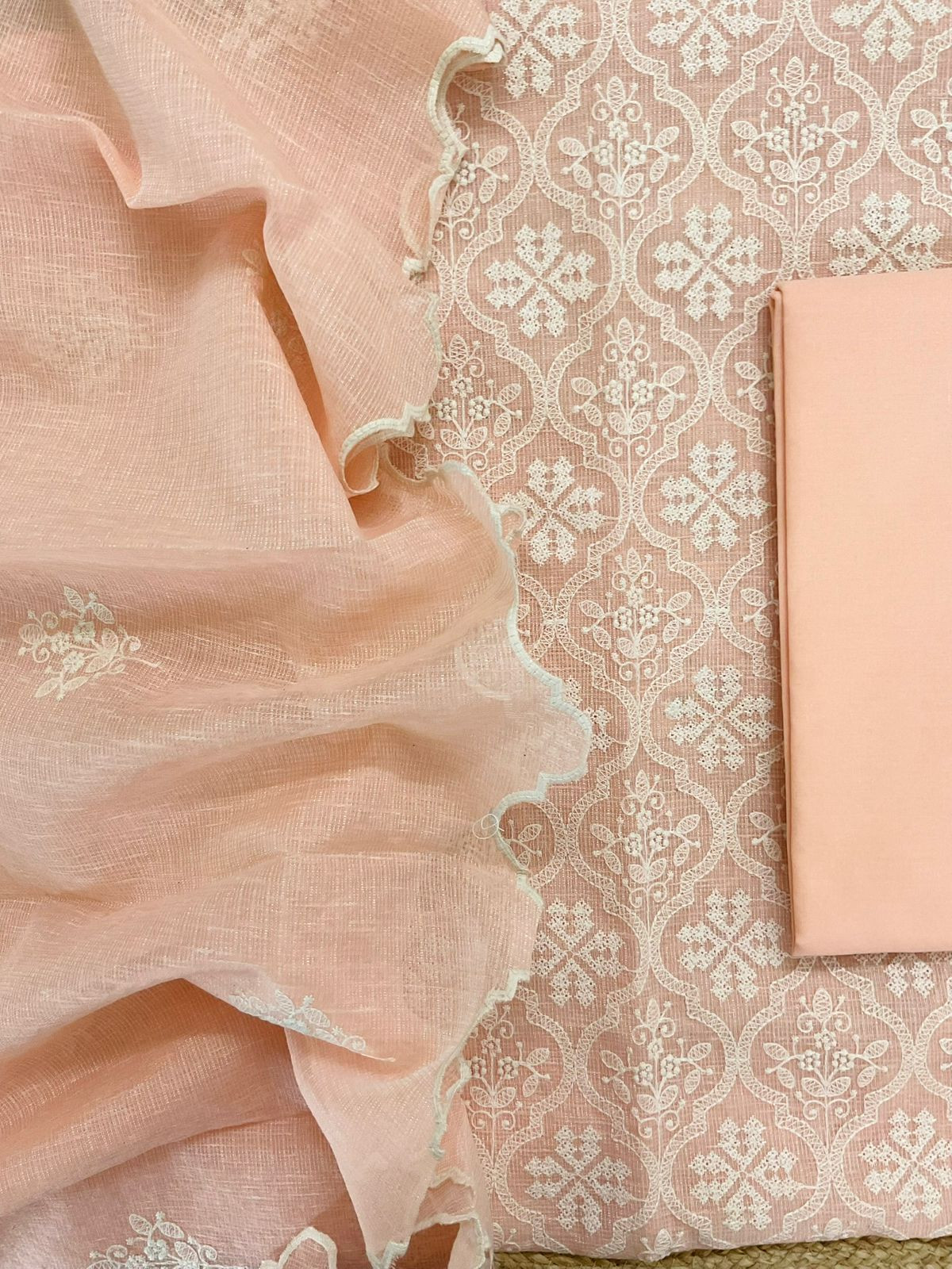 Soft Fine Tissue Kota Silk Embroidered Suit - Peach