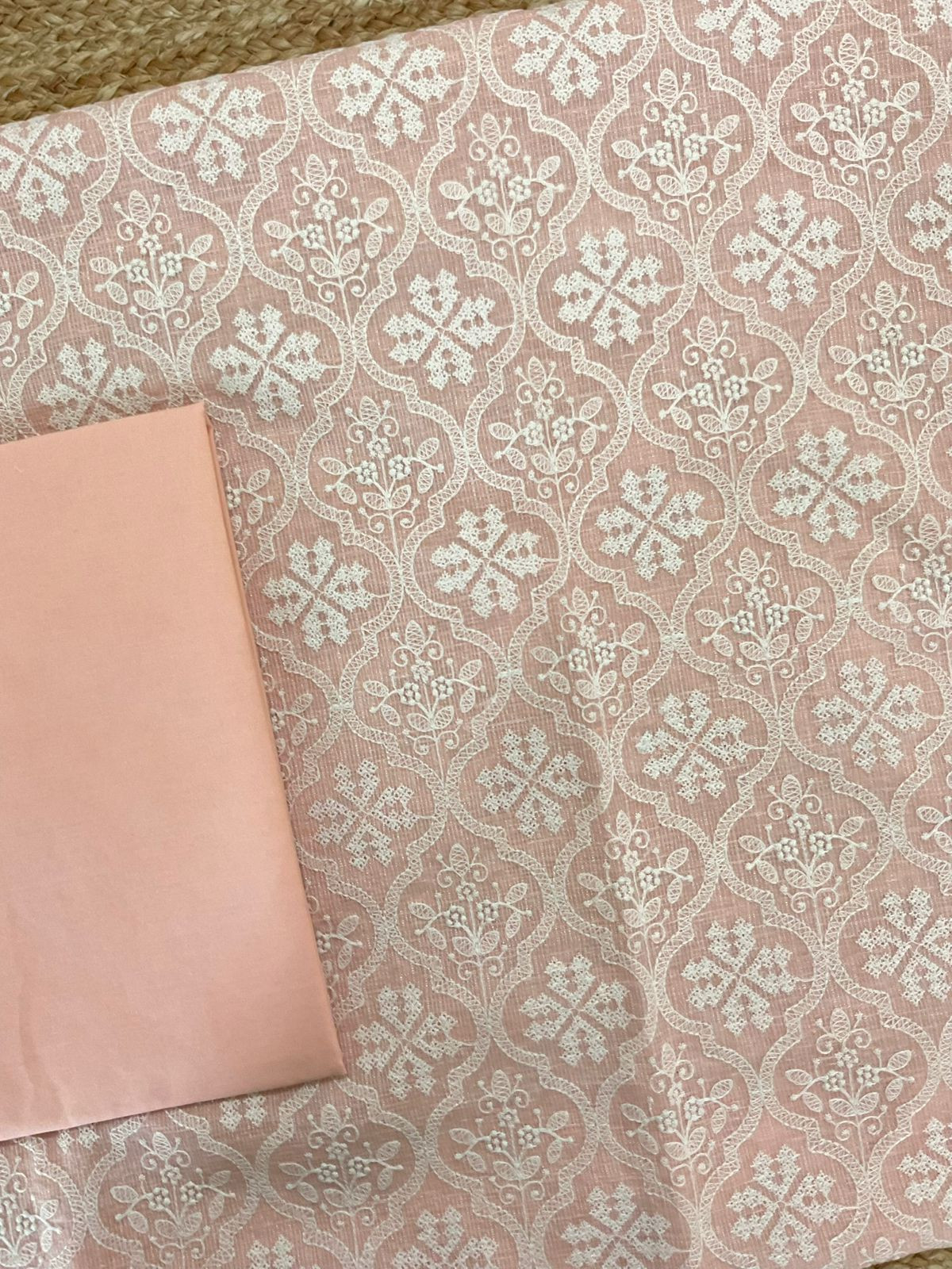 Soft Fine Tissue Kota Silk Embroidered Suit - Peach