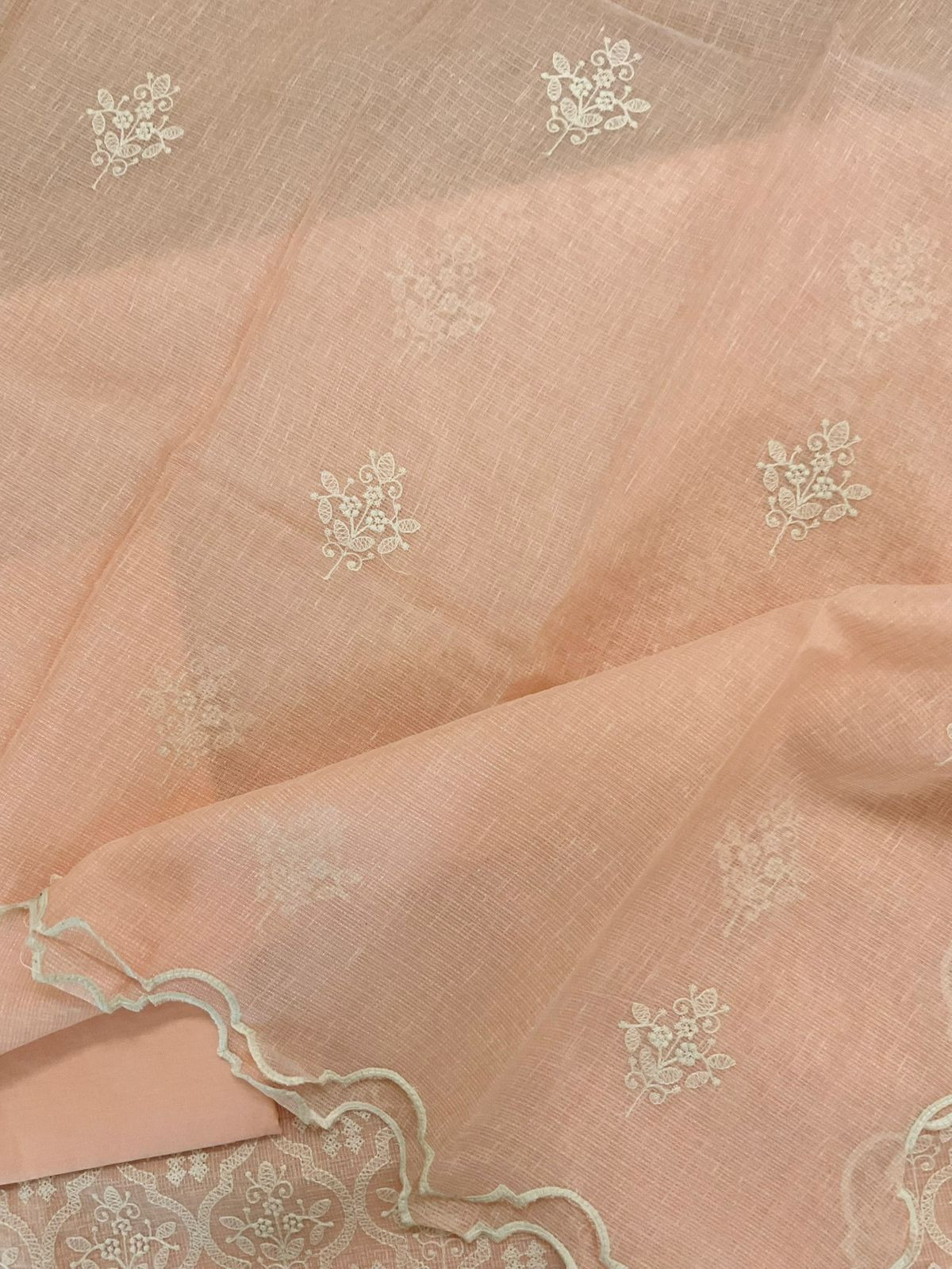 Soft Fine Tissue Kota Silk Embroidered Suit - Peach