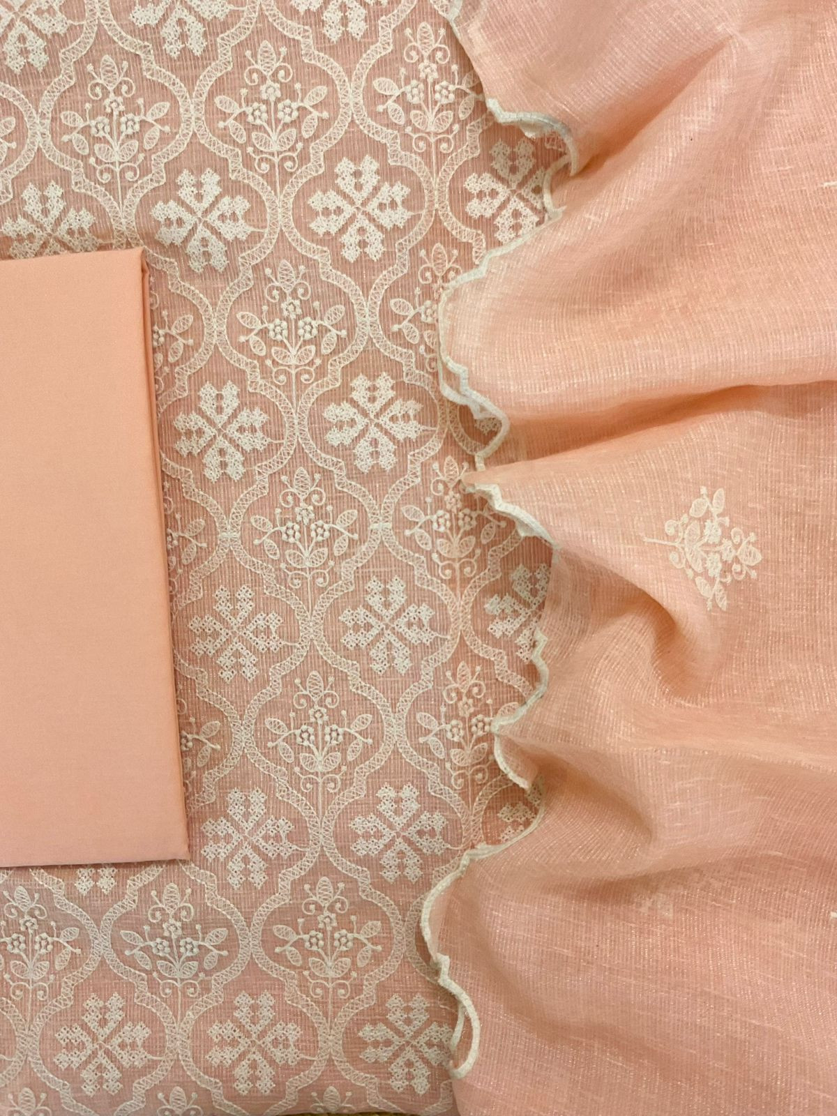 Soft Fine Tissue Kota Silk Embroidered Suit - Peach